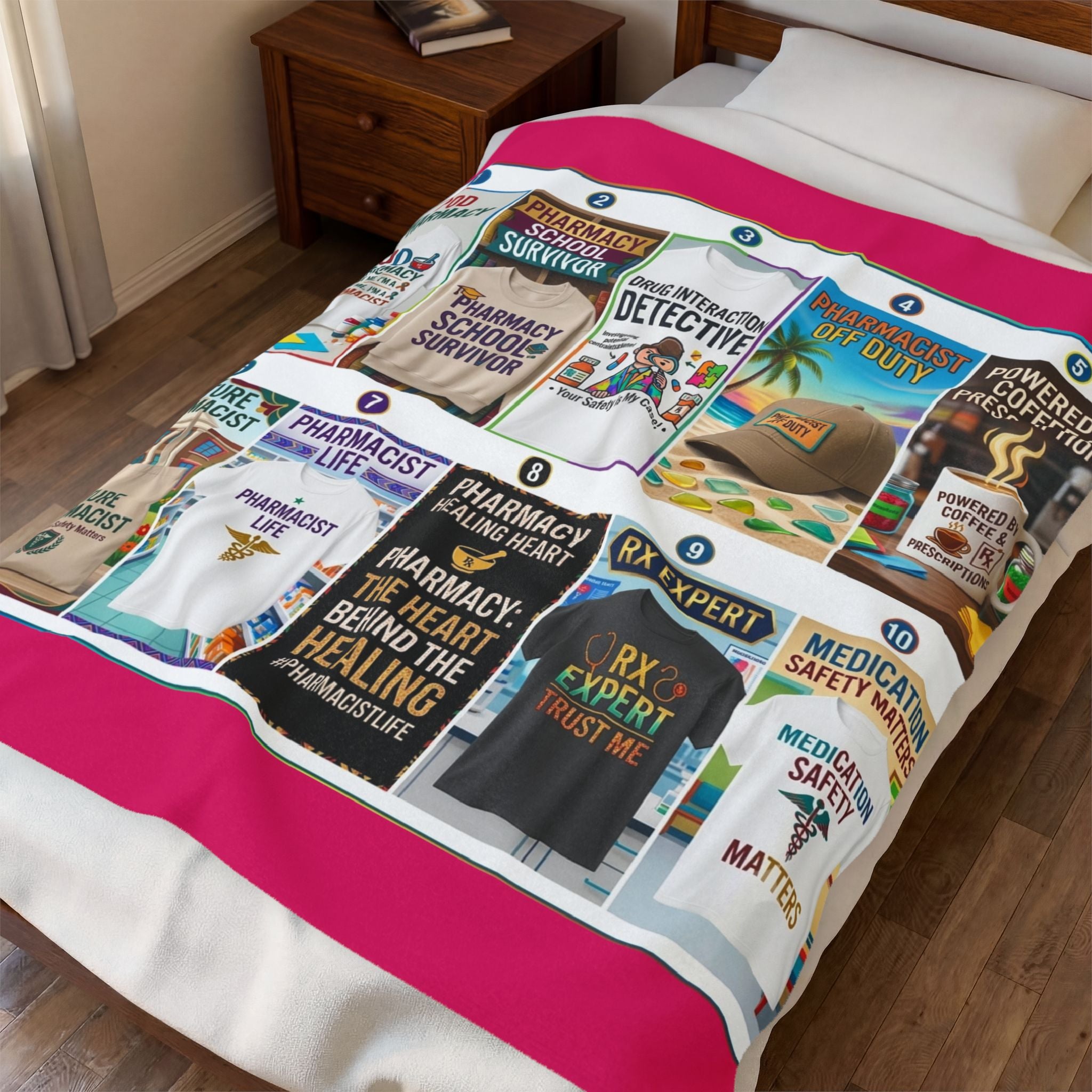 Pharmacist Gifts Velveteen Plush Blanket – Funny Pharmacy Slogans Collage Throw for Pharmacists