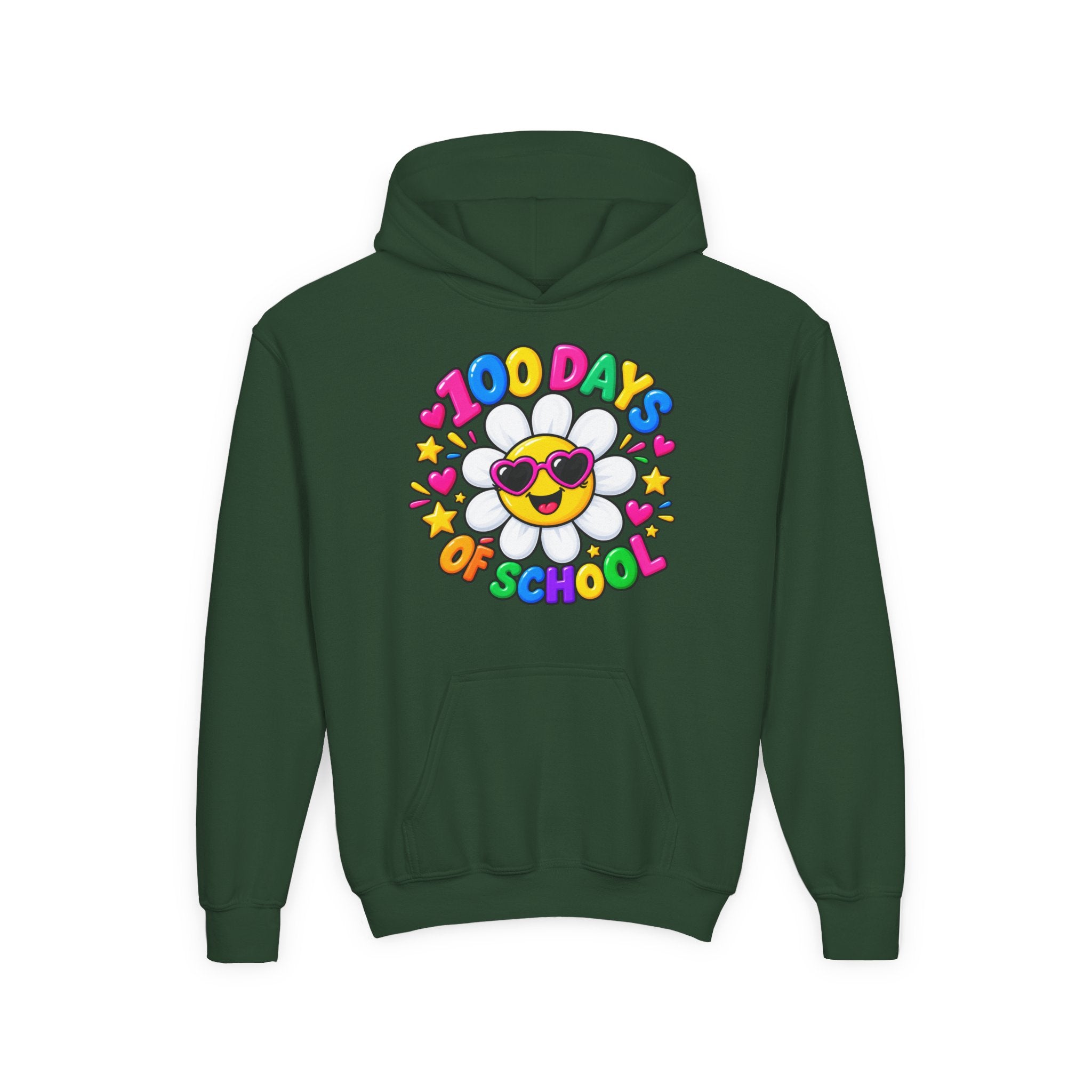 Youth Hoodie — “100 Days of School” Colorful Smiley Daisy Celebration