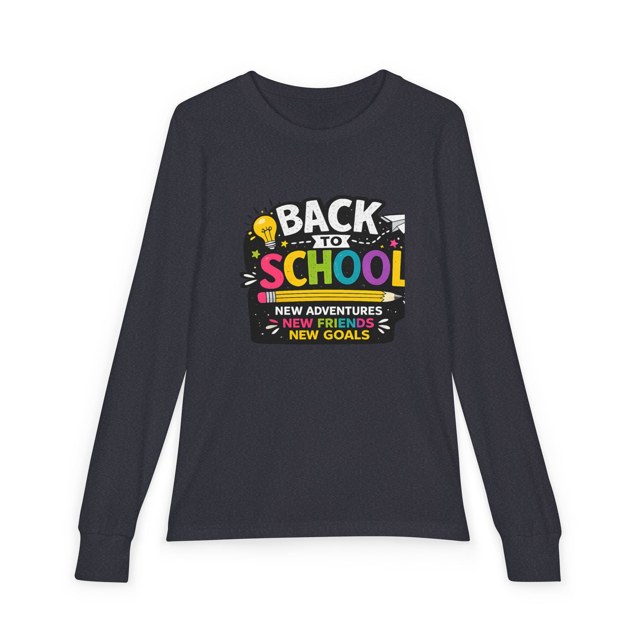 Back to School Youth Long Sleeve Tee — "New Adventures, New Friends, New Goals"