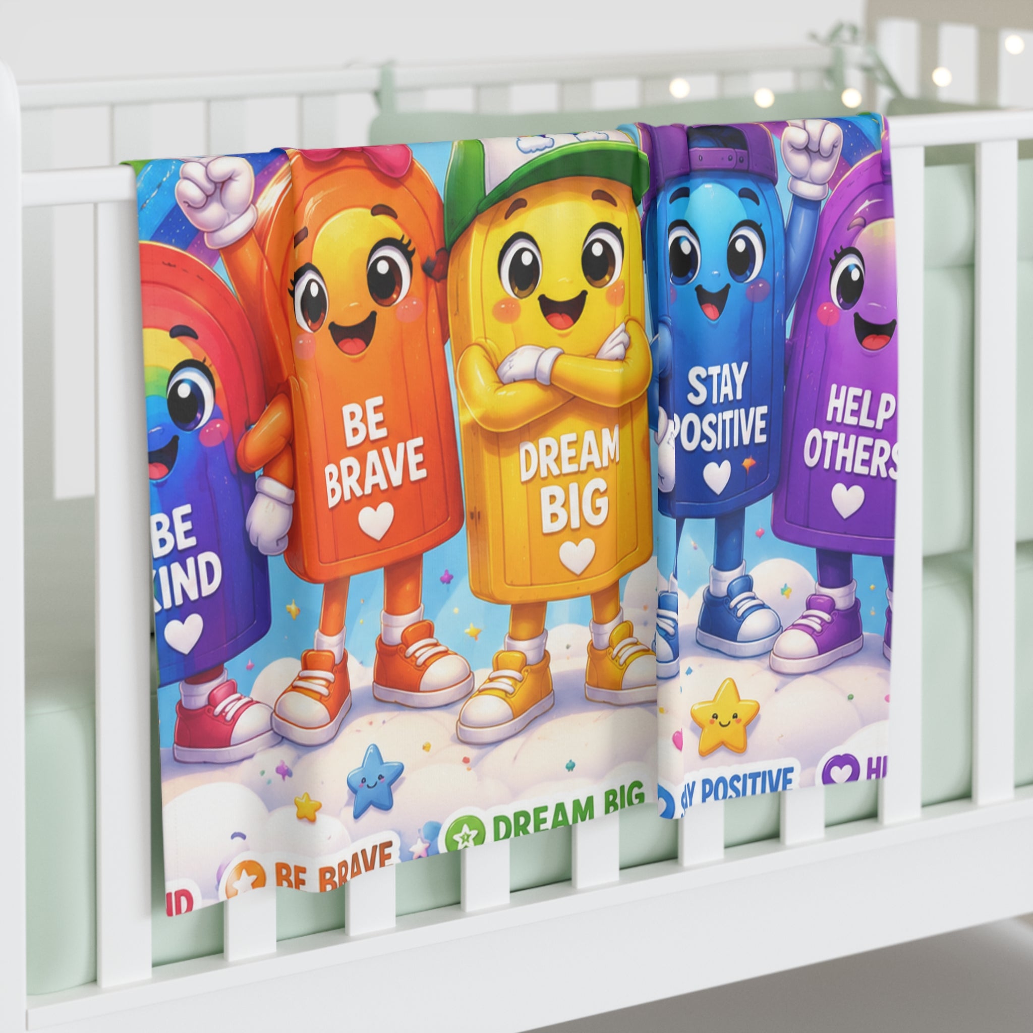 Rainbow Team Baby Swaddle Blanket — Cute Positive Message Infant Wrap (Be Brave, Dream Big, Stay Positive)