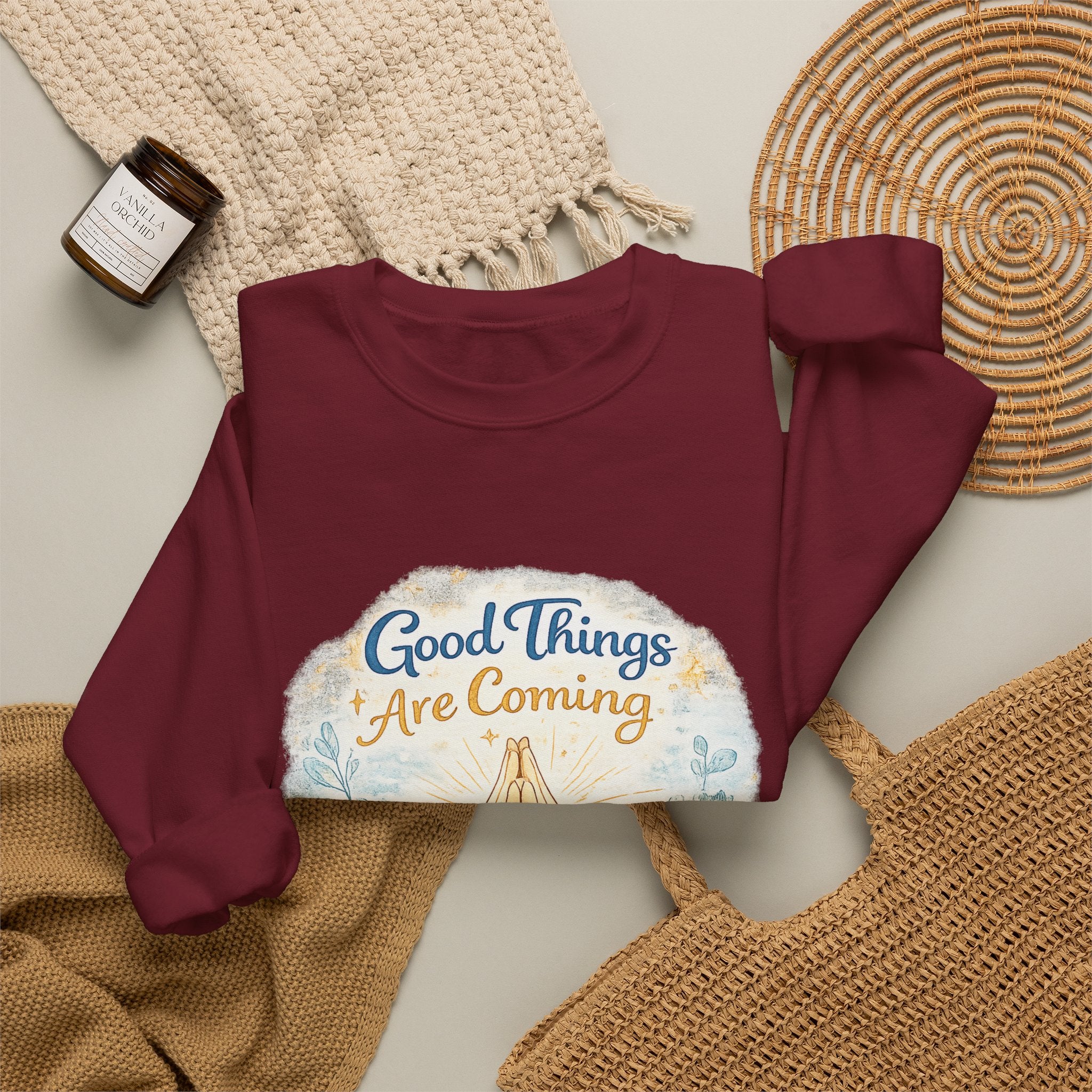 Crewneck Sweatshirt — "Good Things Are Coming" Praying Hands Inspirational Pullover