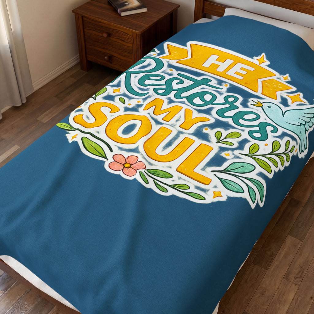 Plush Blanket - "He Restores My Soul" Christian Fleece Throw