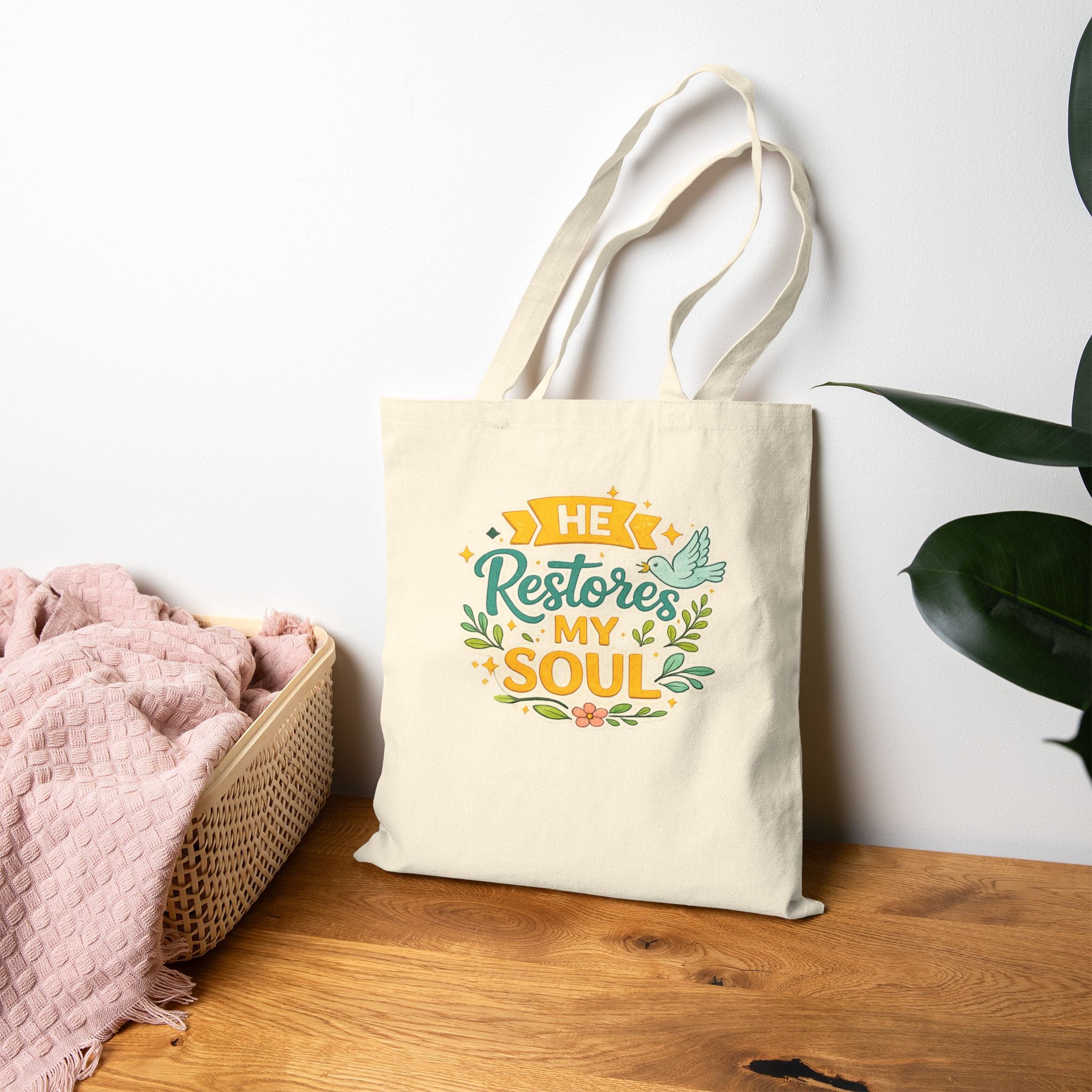 He Restores My Soul Canvas Tote Bag — Faith-Based Inspirational Grocery & Church Tote