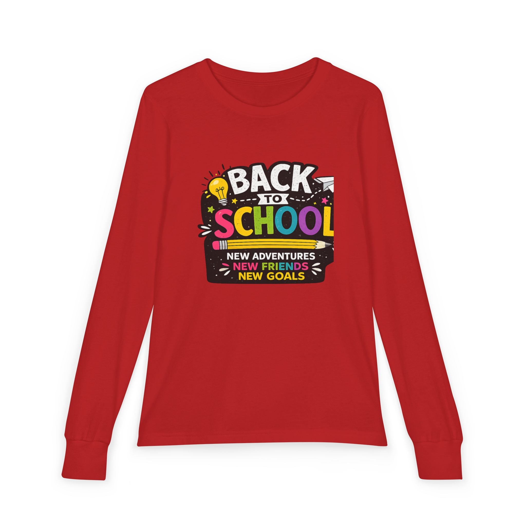 Back to School Youth Long Sleeve Tee — "New Adventures, New Friends, New Goals"