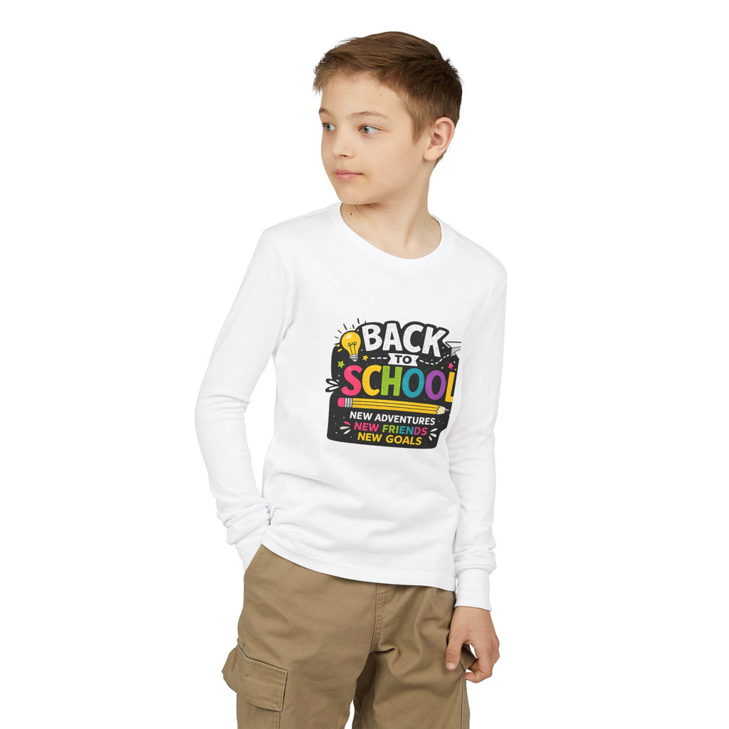 Back to School Youth Long Sleeve Tee — "New Adventures, New Friends, New Goals"