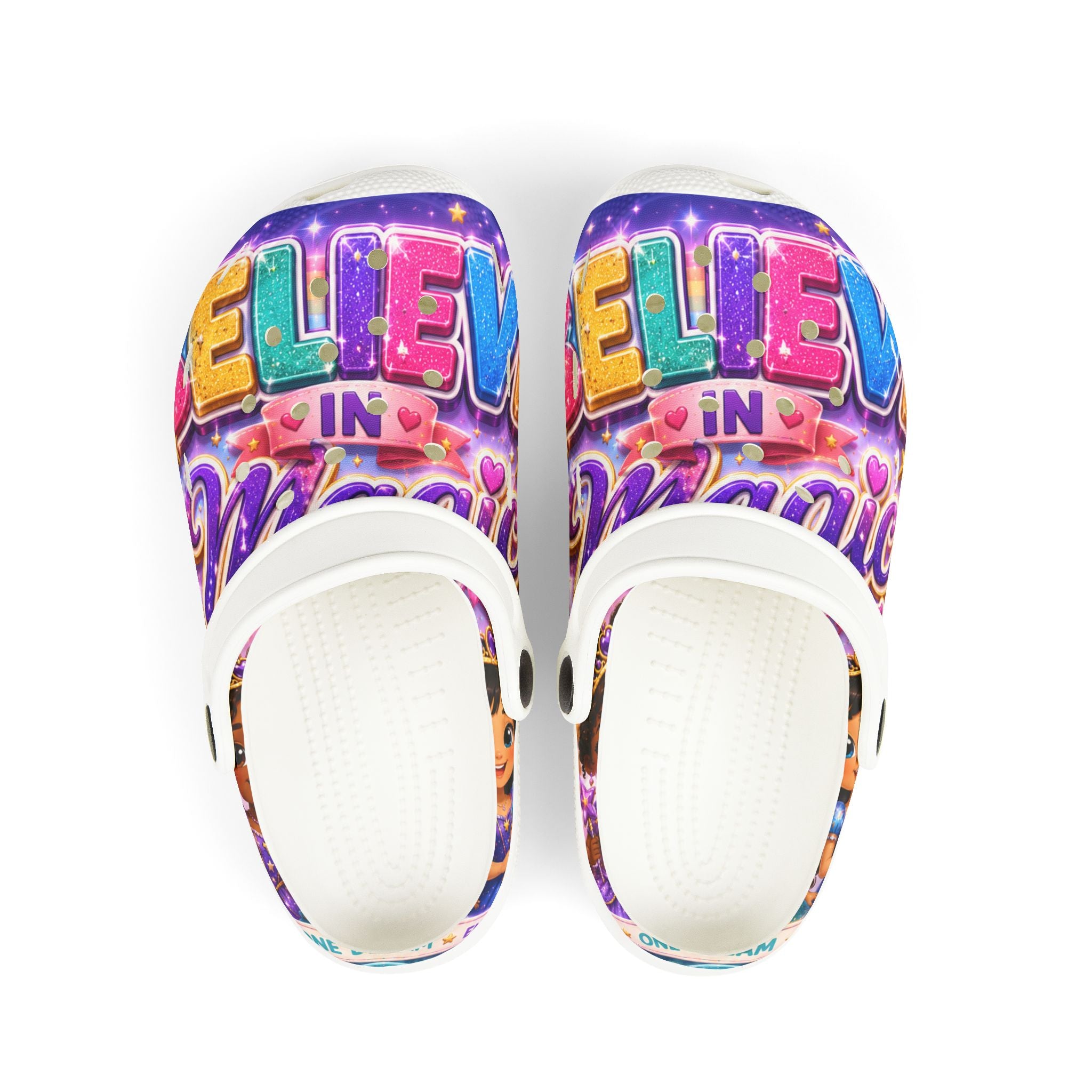 Kids Foam Clogs — "Believe in Magic" Colorful Glittery Cartoon Design