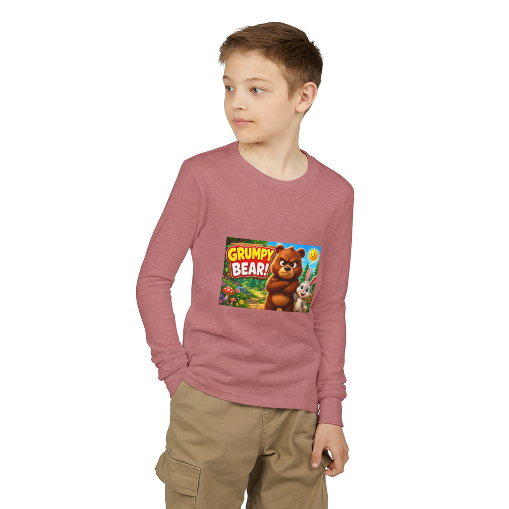 Grumpy Bear Kids Long Sleeve Tee — Cute Cartoon Bear & Bunny Graphic