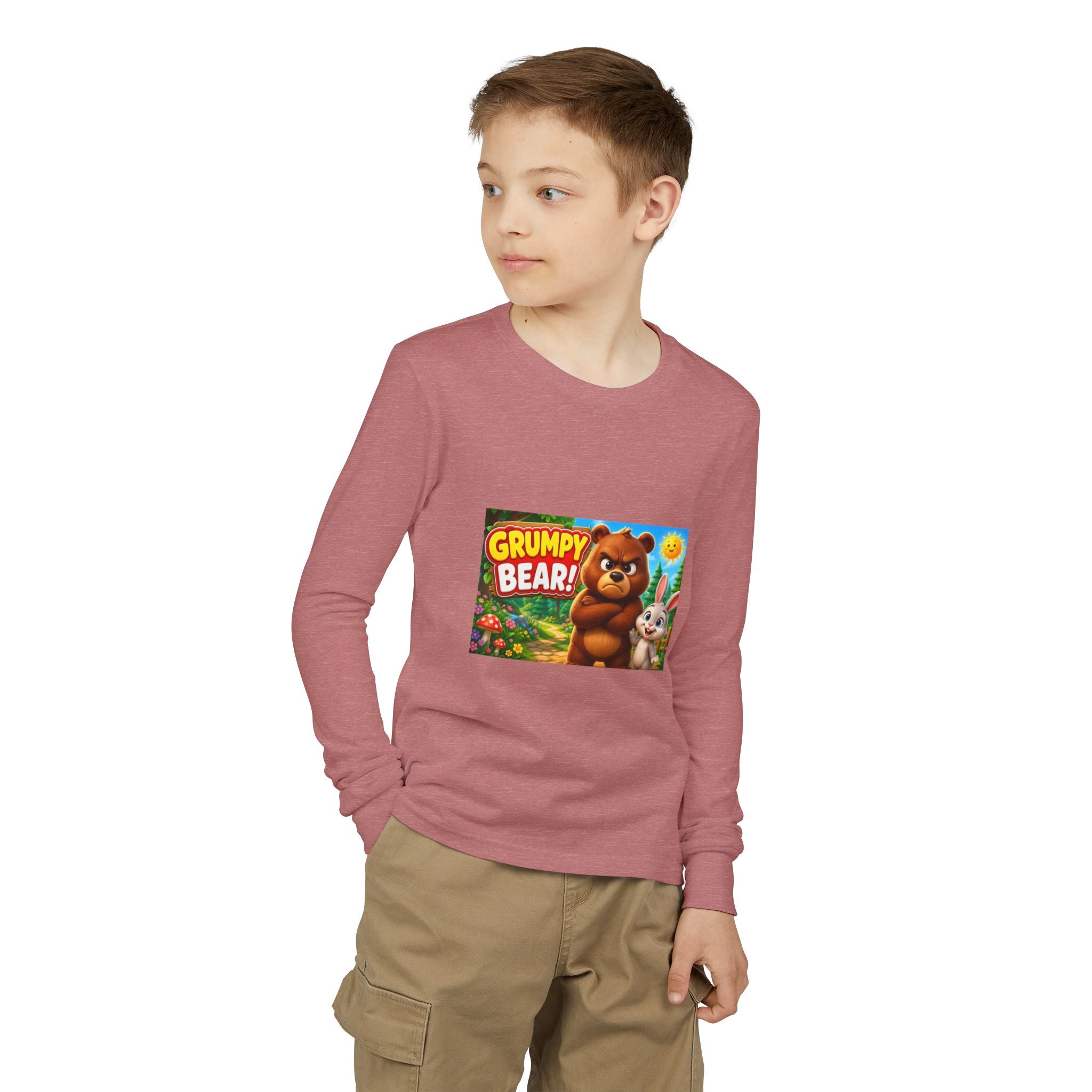 Grumpy Bear Kids Long Sleeve Tee — Cute Cartoon Bear & Bunny Graphic