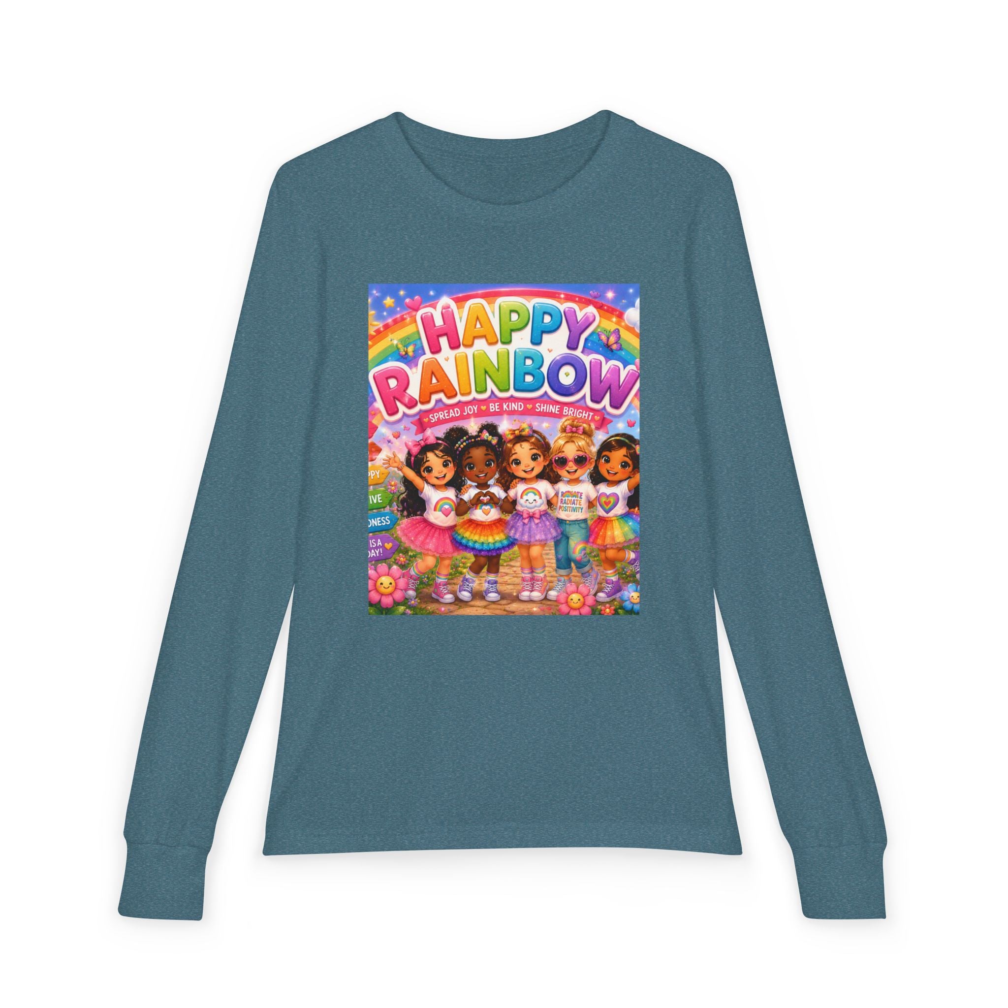 Happy Rainbow Kids Long Sleeve Tee — Cute Multiracial Doll Graphic