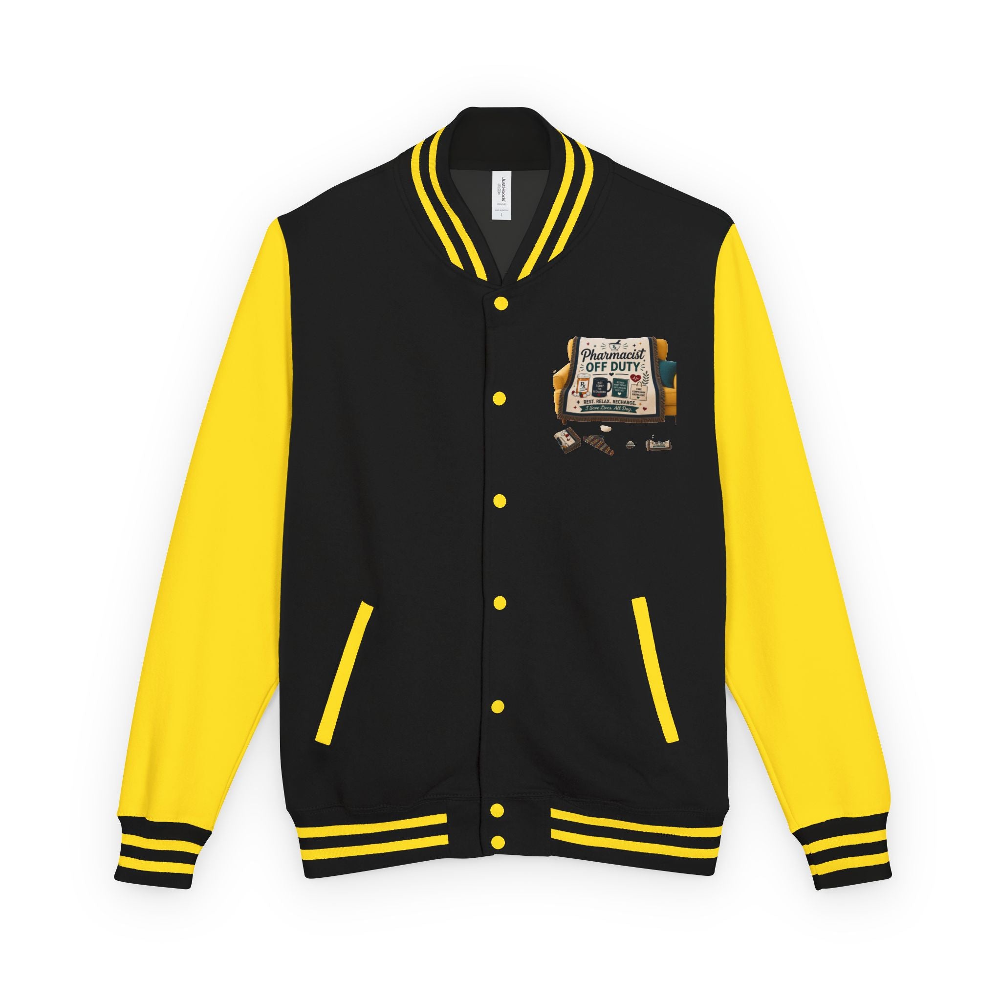 Letterman Jacket — 'Pharmacist Off Duty' Retro Patch Design