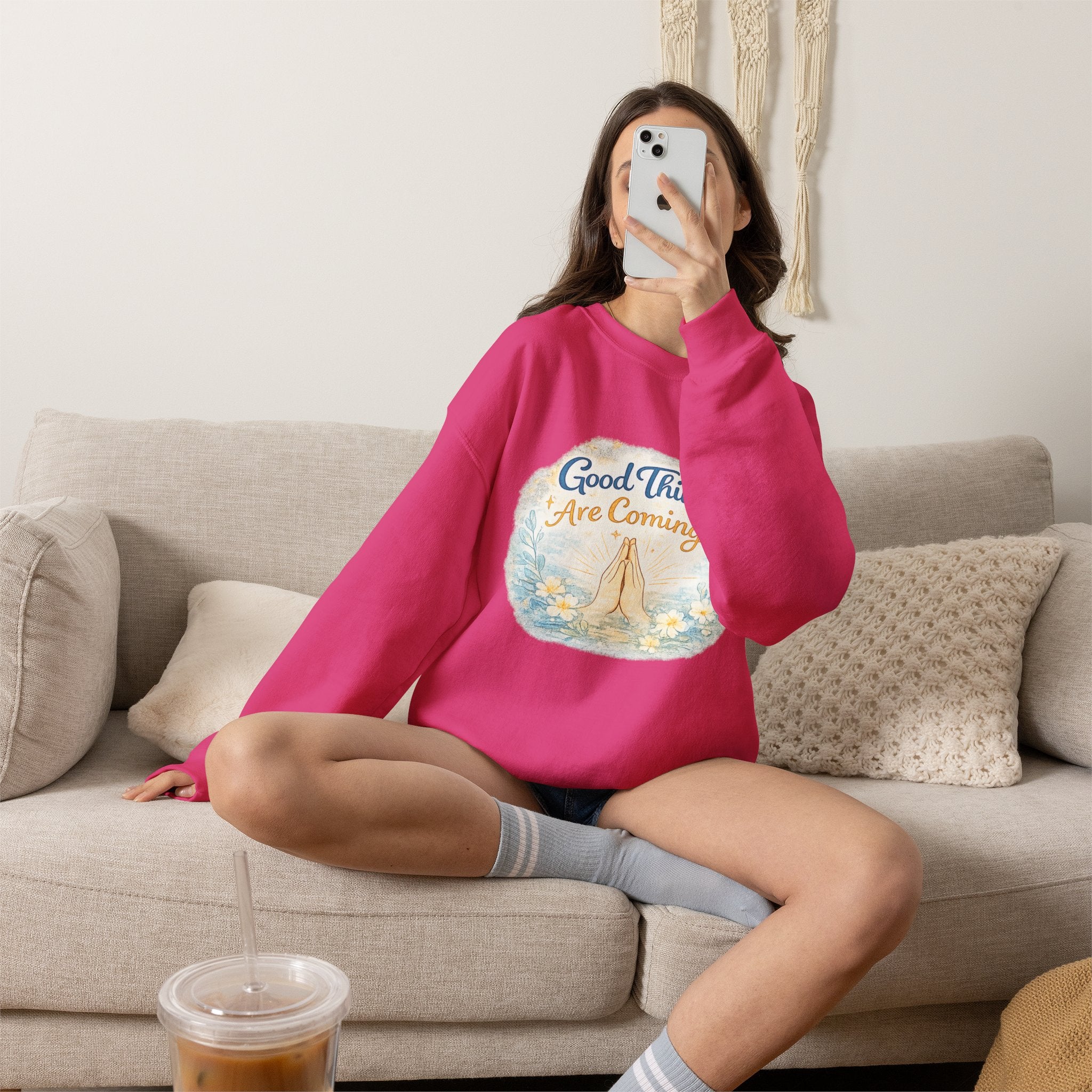 Crewneck Sweatshirt — "Good Things Are Coming" Praying Hands Inspirational Pullover