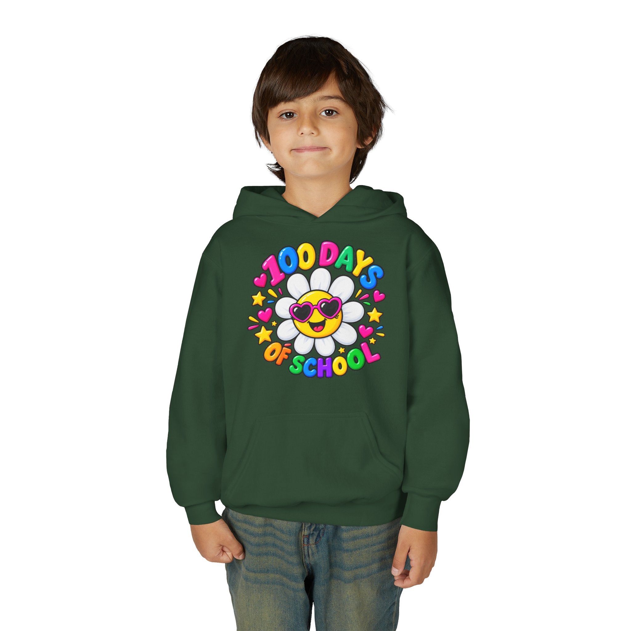 Youth Hoodie — “100 Days of School” Colorful Smiley Daisy Celebration