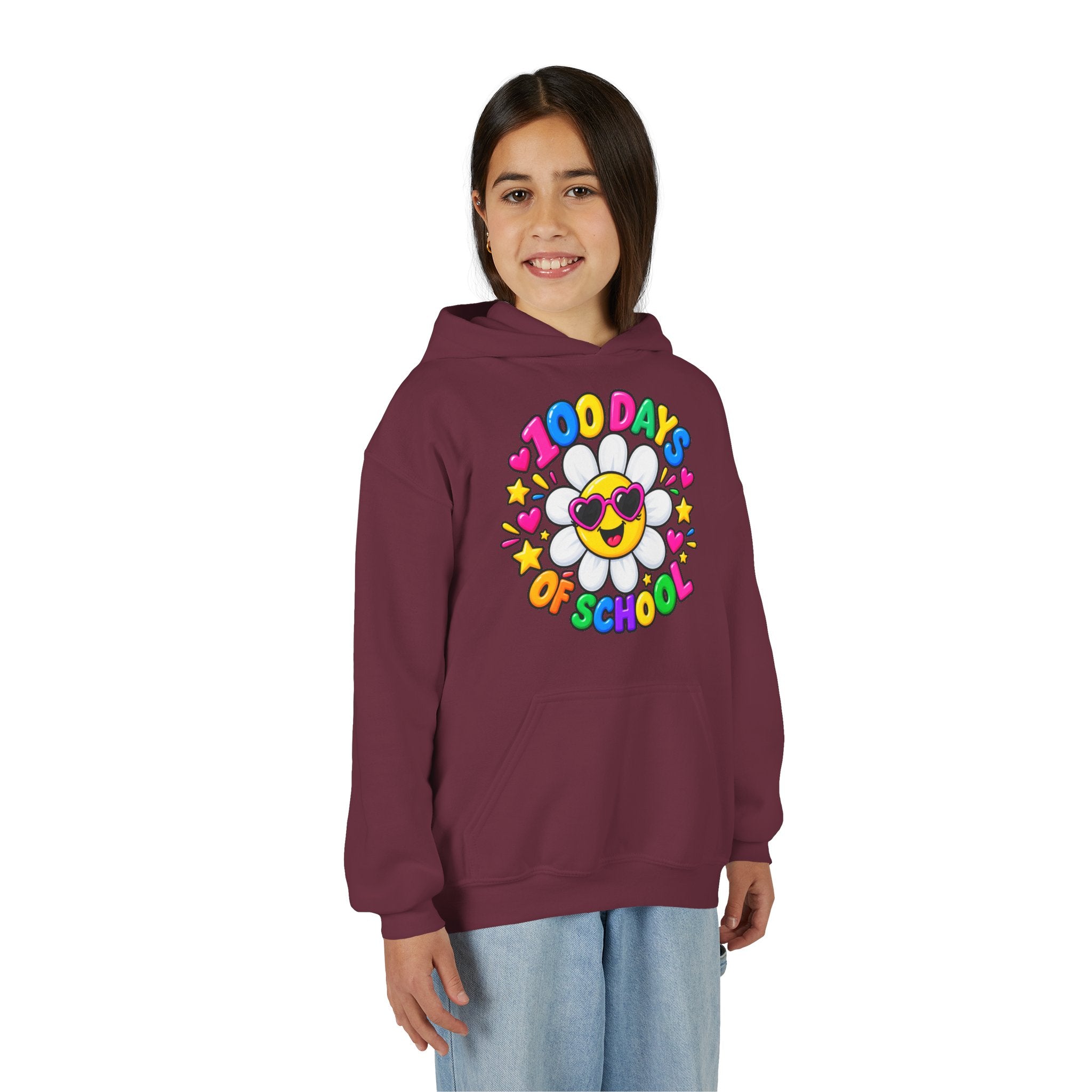 Youth Hoodie — “100 Days of School” Colorful Smiley Daisy Celebration