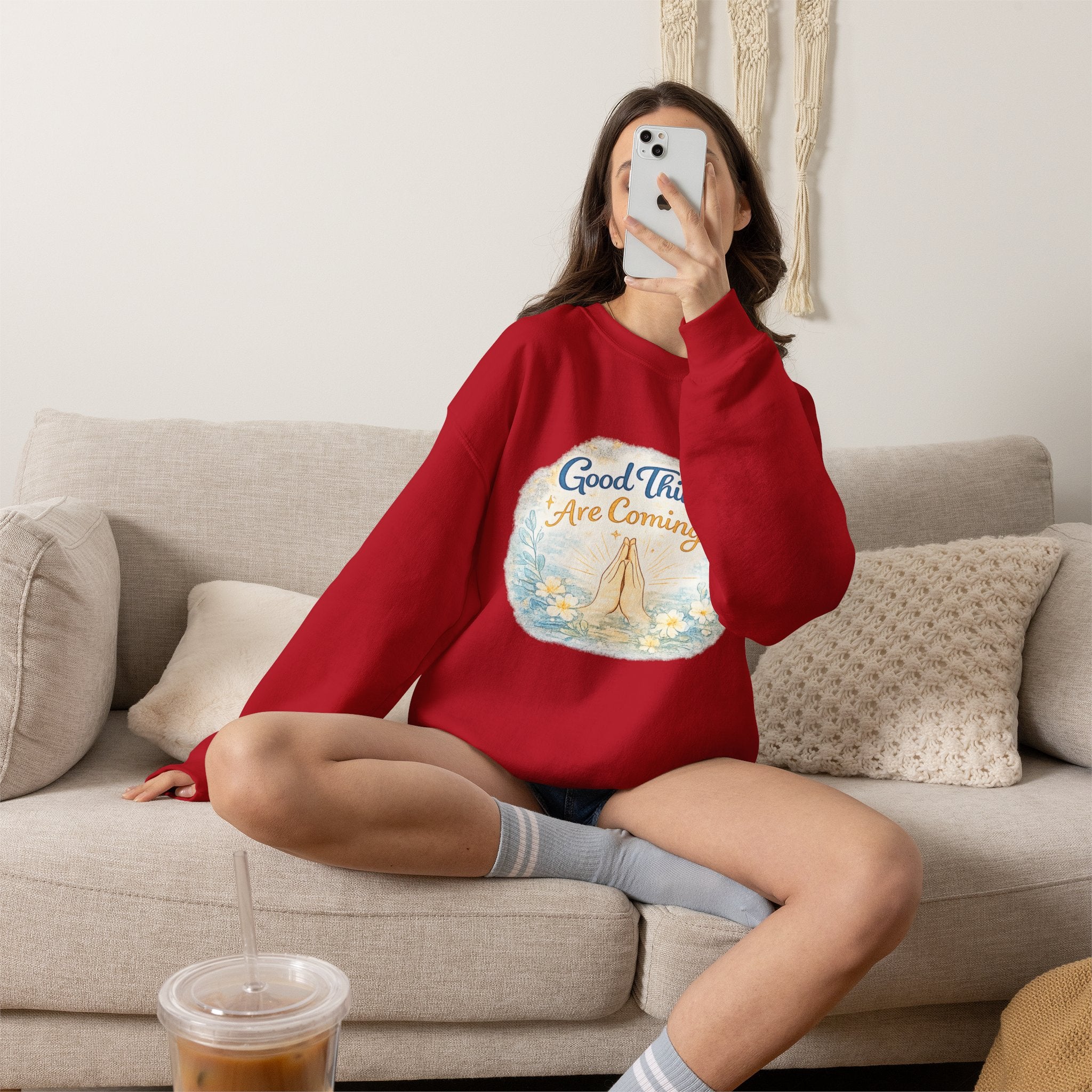 Crewneck Sweatshirt — "Good Things Are Coming" Praying Hands Inspirational Pullover