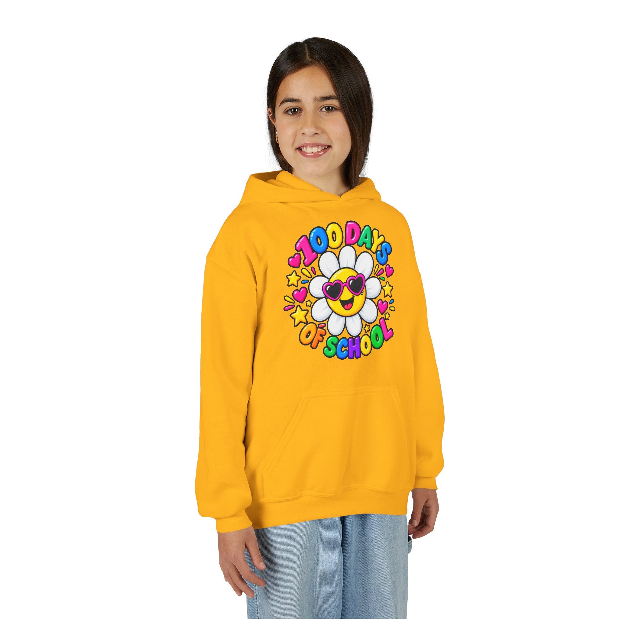 Youth Hoodie — “100 Days of School” Colorful Smiley Daisy Celebration