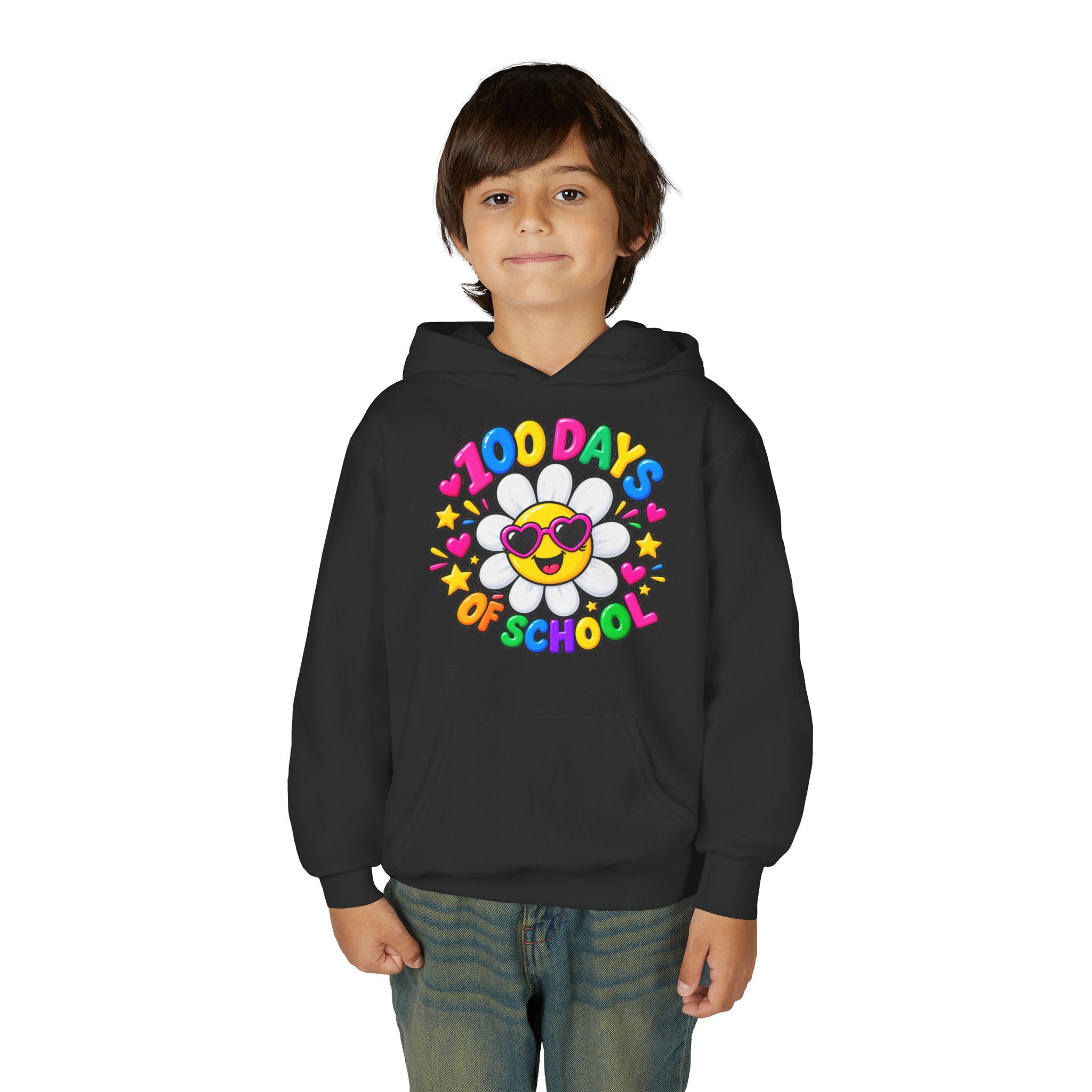 Youth Hoodie — “100 Days of School” Colorful Smiley Daisy Celebration