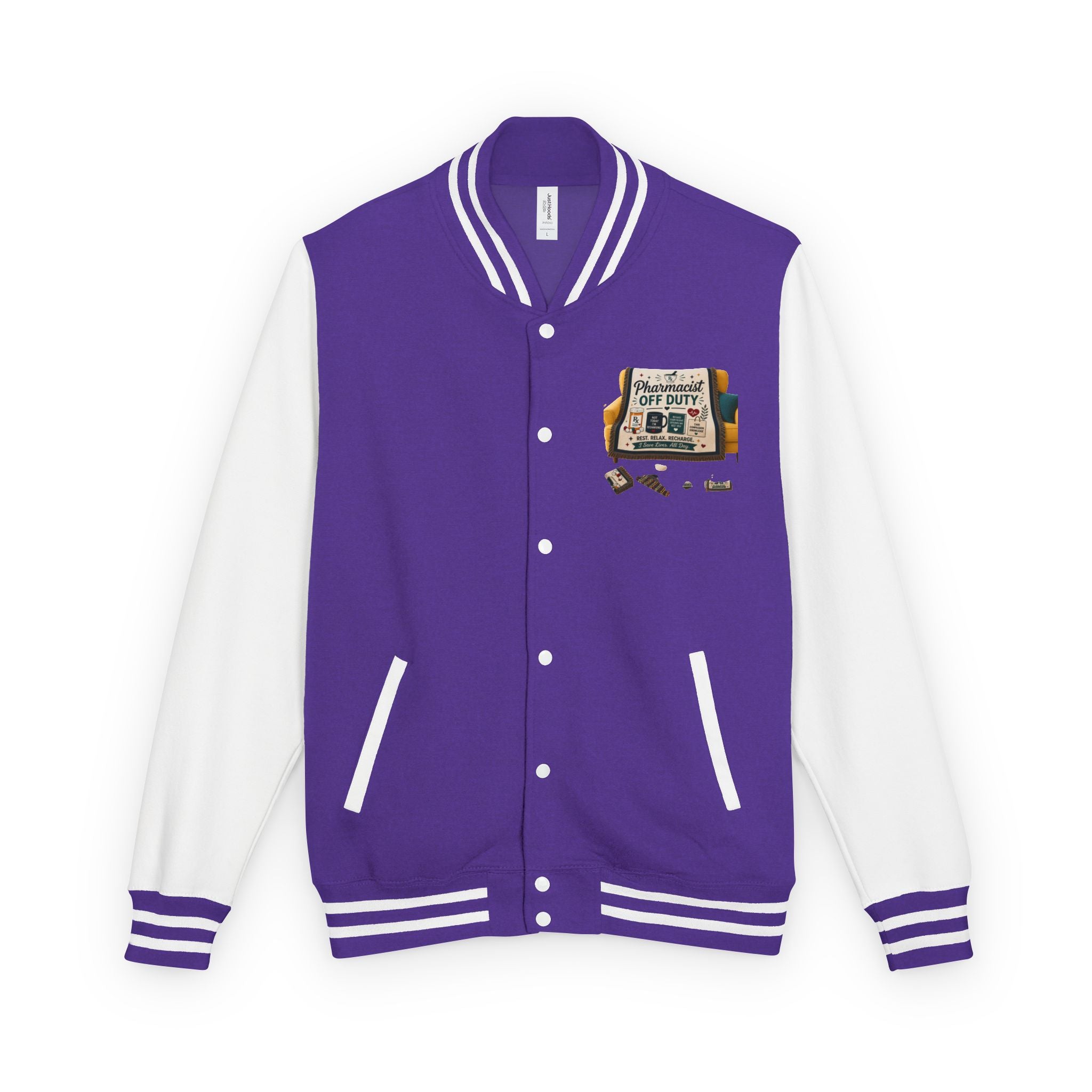 Letterman Jacket — 'Pharmacist Off Duty' Retro Patch Design