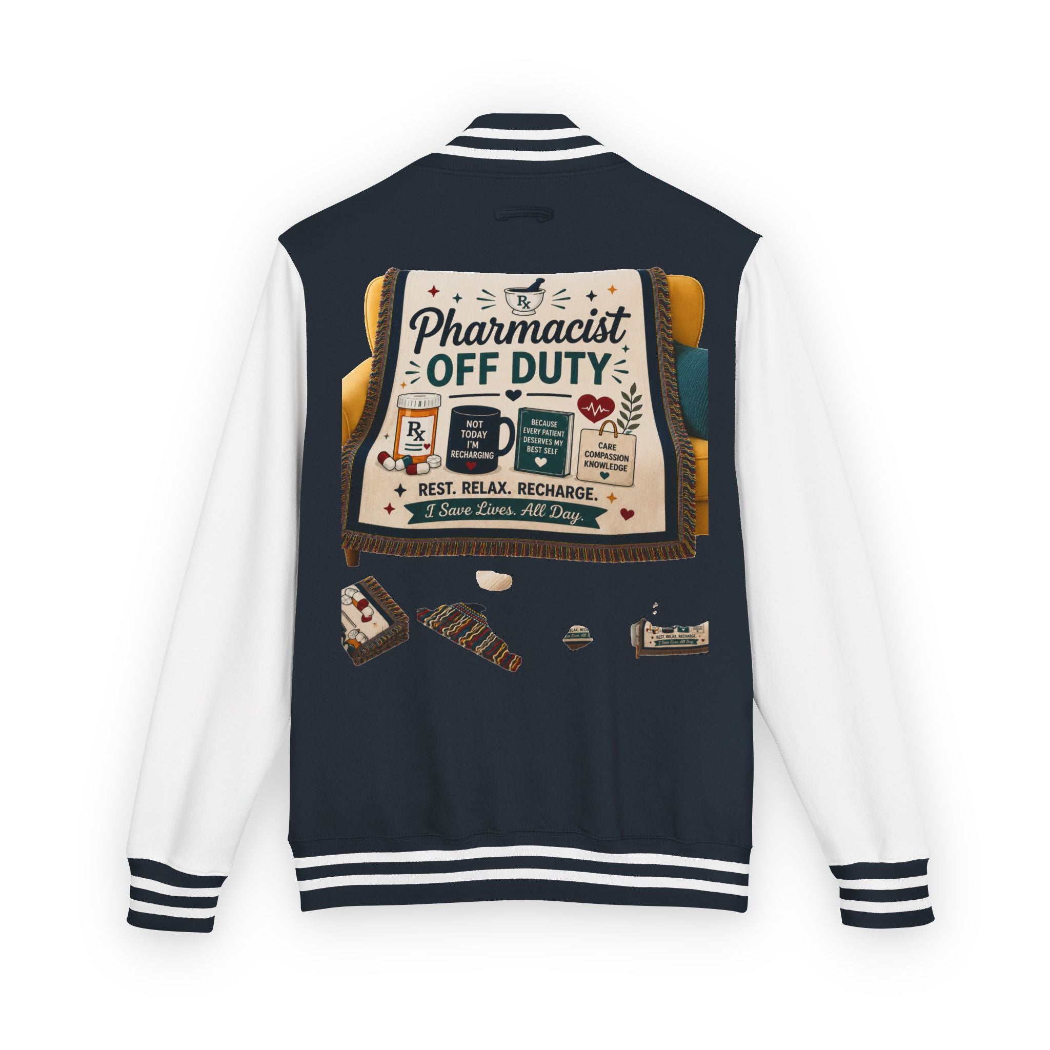 Letterman Jacket — 'Pharmacist Off Duty' Retro Patch Design
