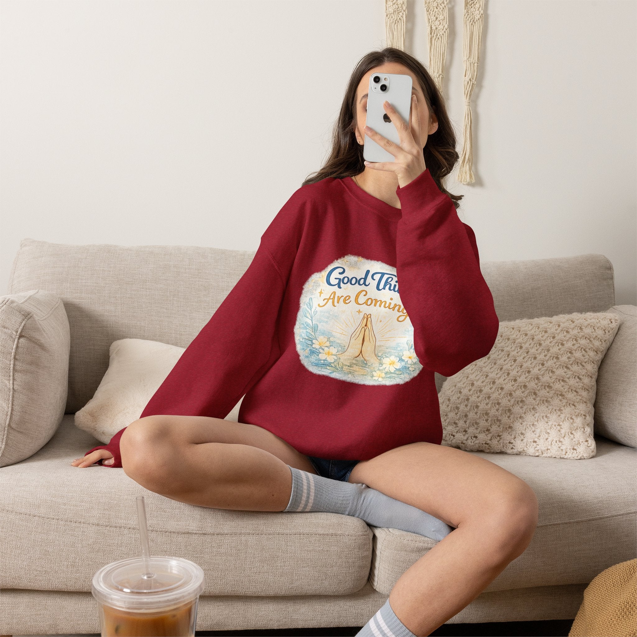 Crewneck Sweatshirt — "Good Things Are Coming" Praying Hands Inspirational Pullover