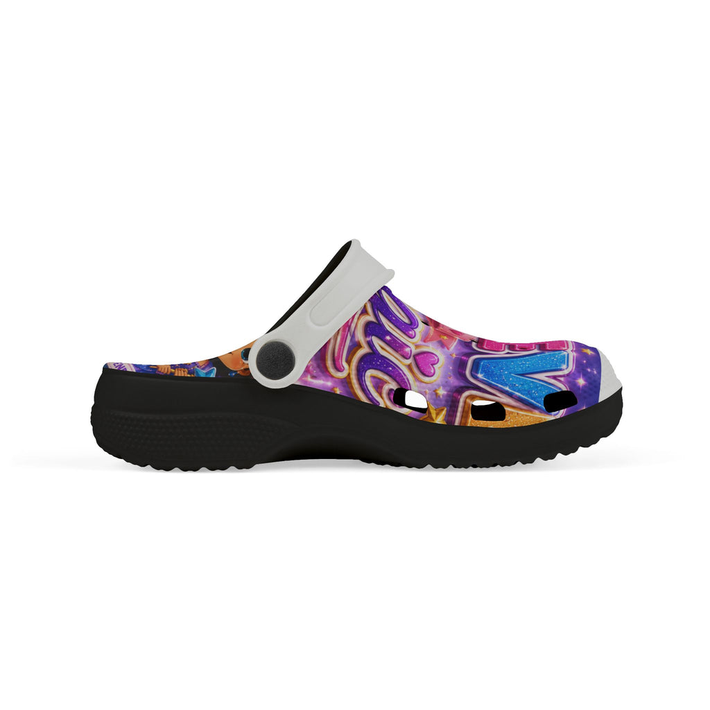 Kids Foam Clogs — "Believe in Magic" Colorful Glittery Cartoon Design