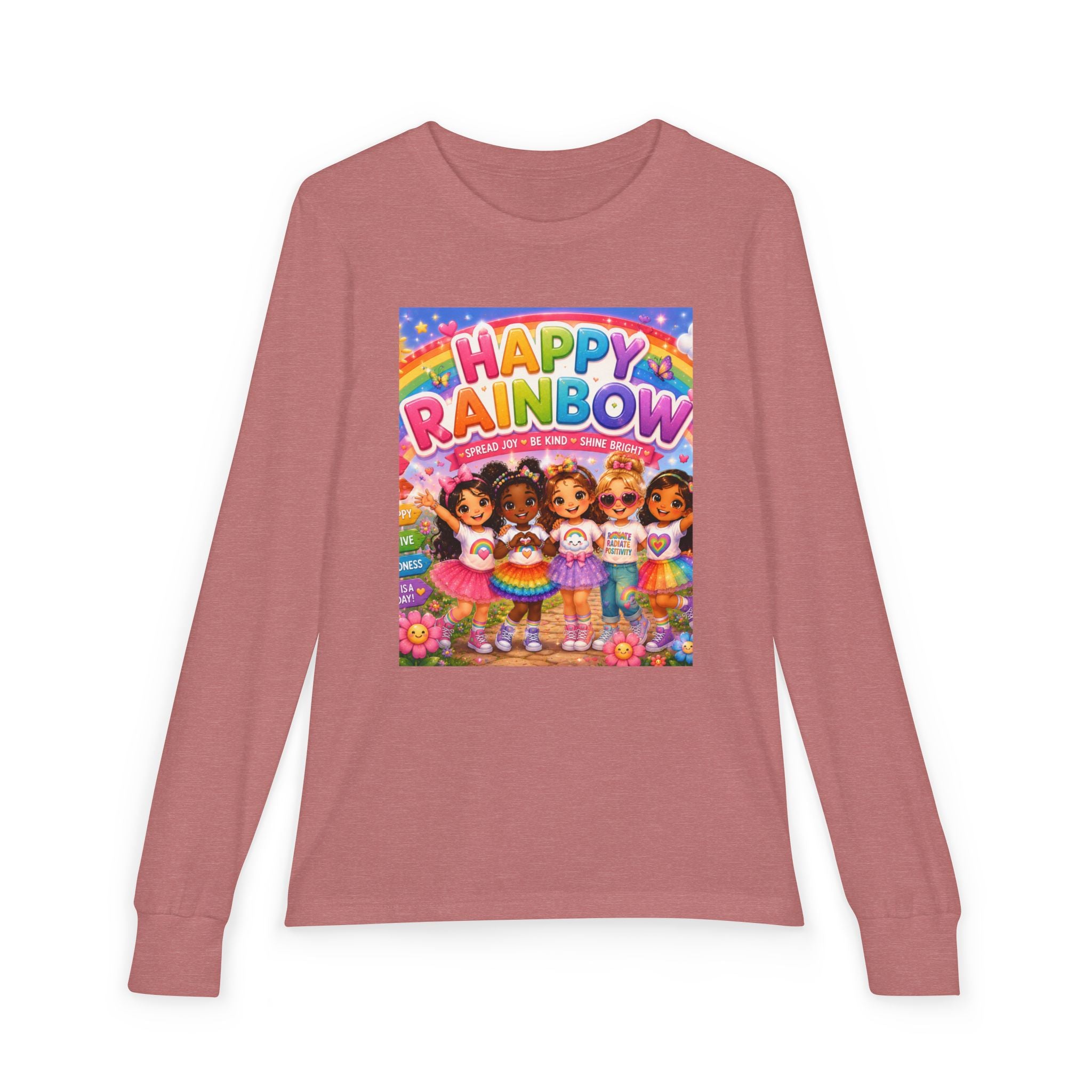 Happy Rainbow Kids Long Sleeve Tee — Cute Multiracial Doll Graphic