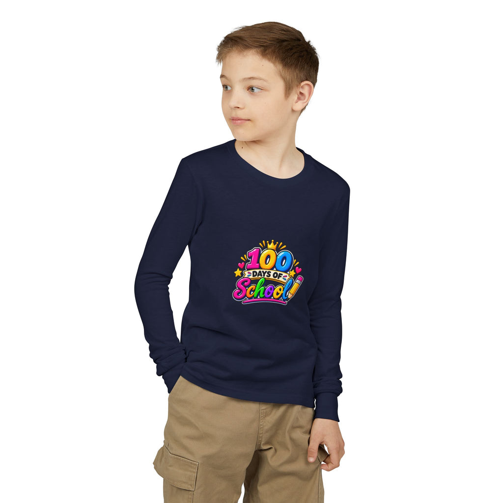 100 Days of School Youth Long Sleeve Tee — Colorful Celebration Shirt for Kids