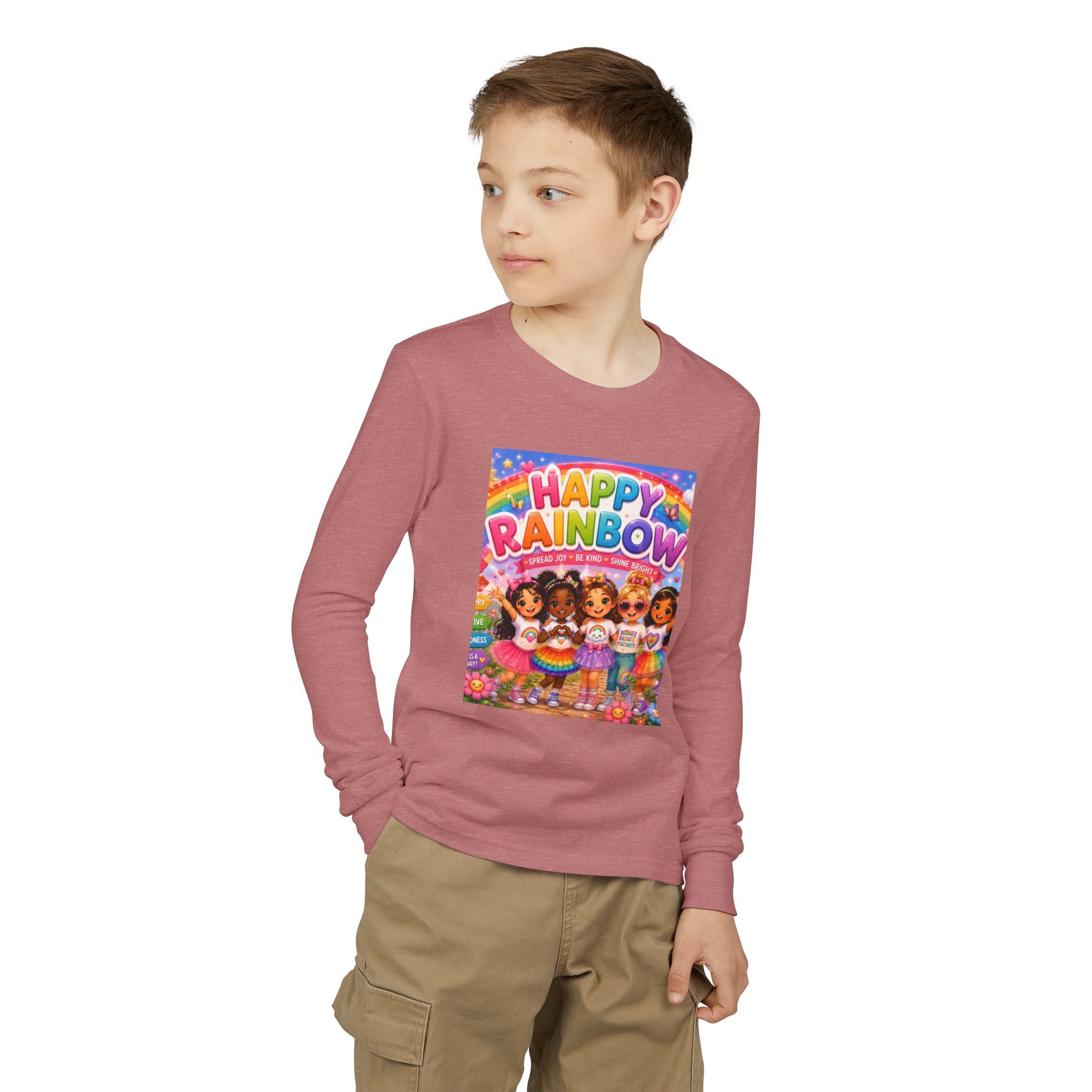 Happy Rainbow Kids Long Sleeve Tee — Cute Multiracial Doll Graphic