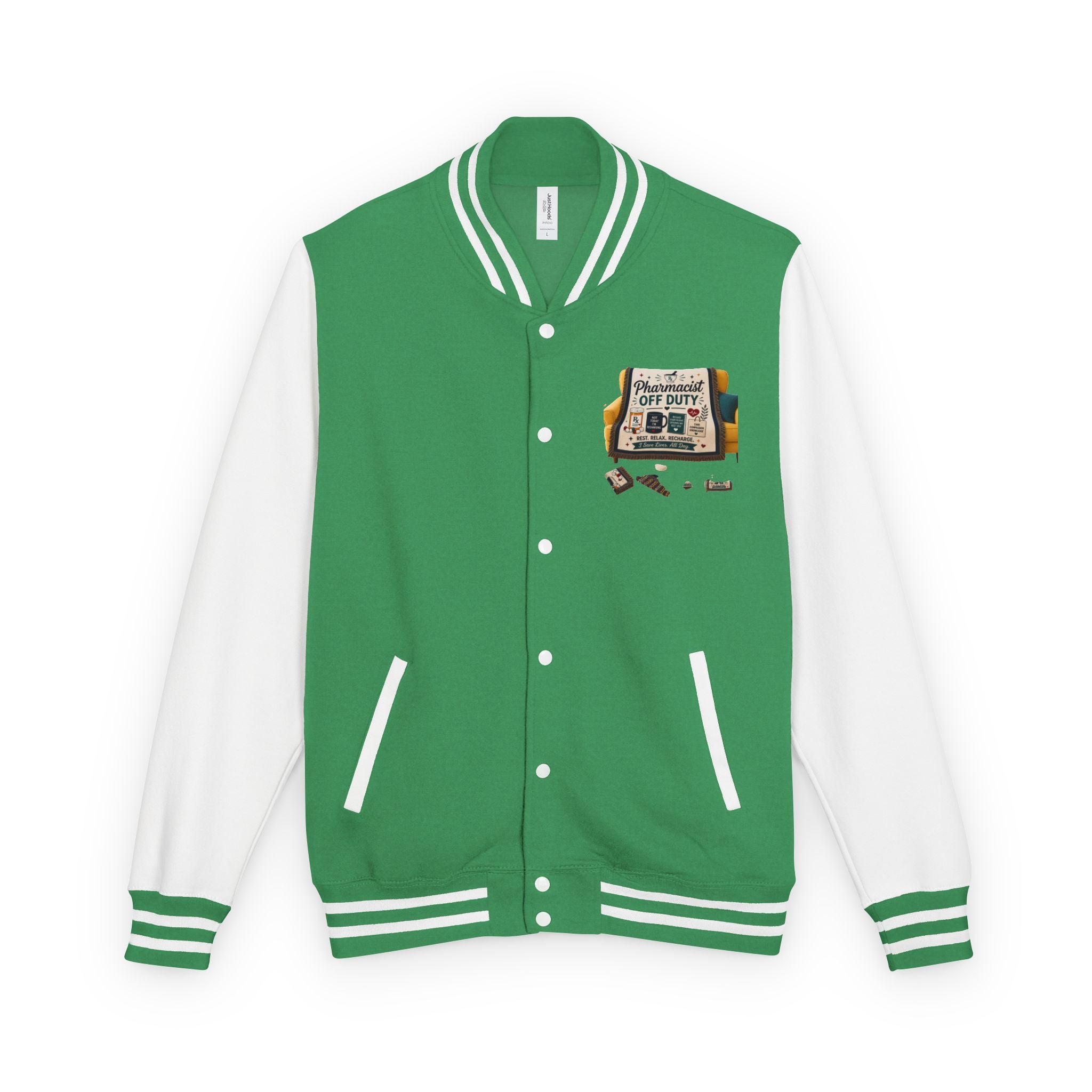 Letterman Jacket — 'Pharmacist Off Duty' Retro Patch Design