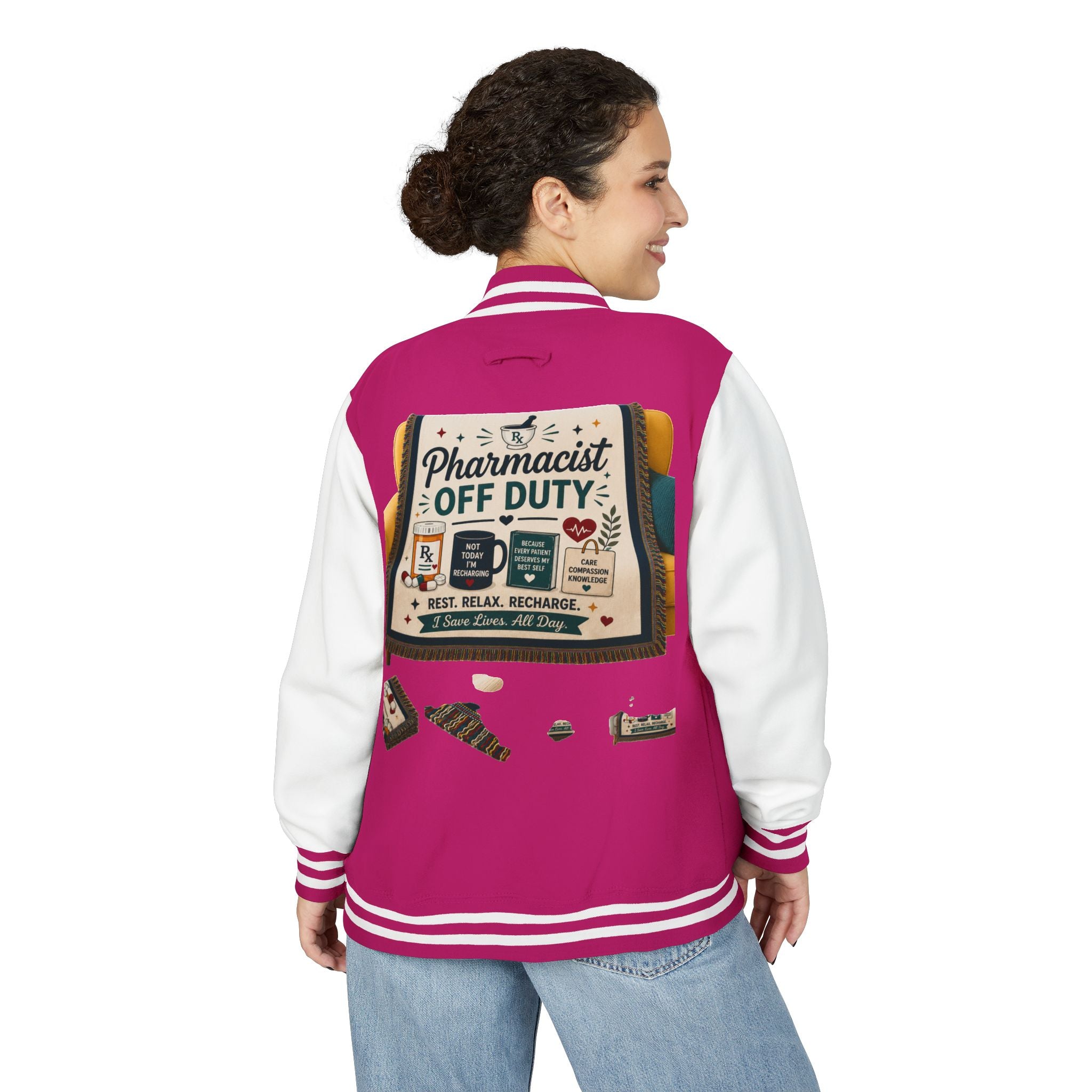 Letterman Jacket — 'Pharmacist Off Duty' Retro Patch Design