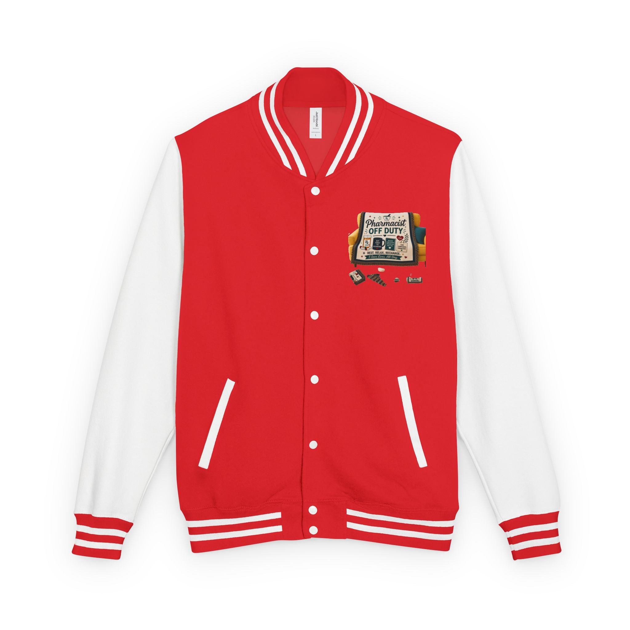 Letterman Jacket — 'Pharmacist Off Duty' Retro Patch Design