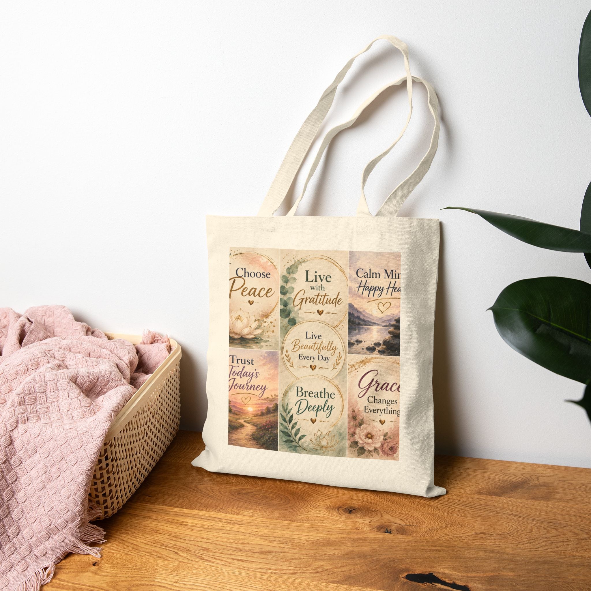 Inspirational Quotes Canvas Tote Bag — Choose Peace, Live Mindfully Design