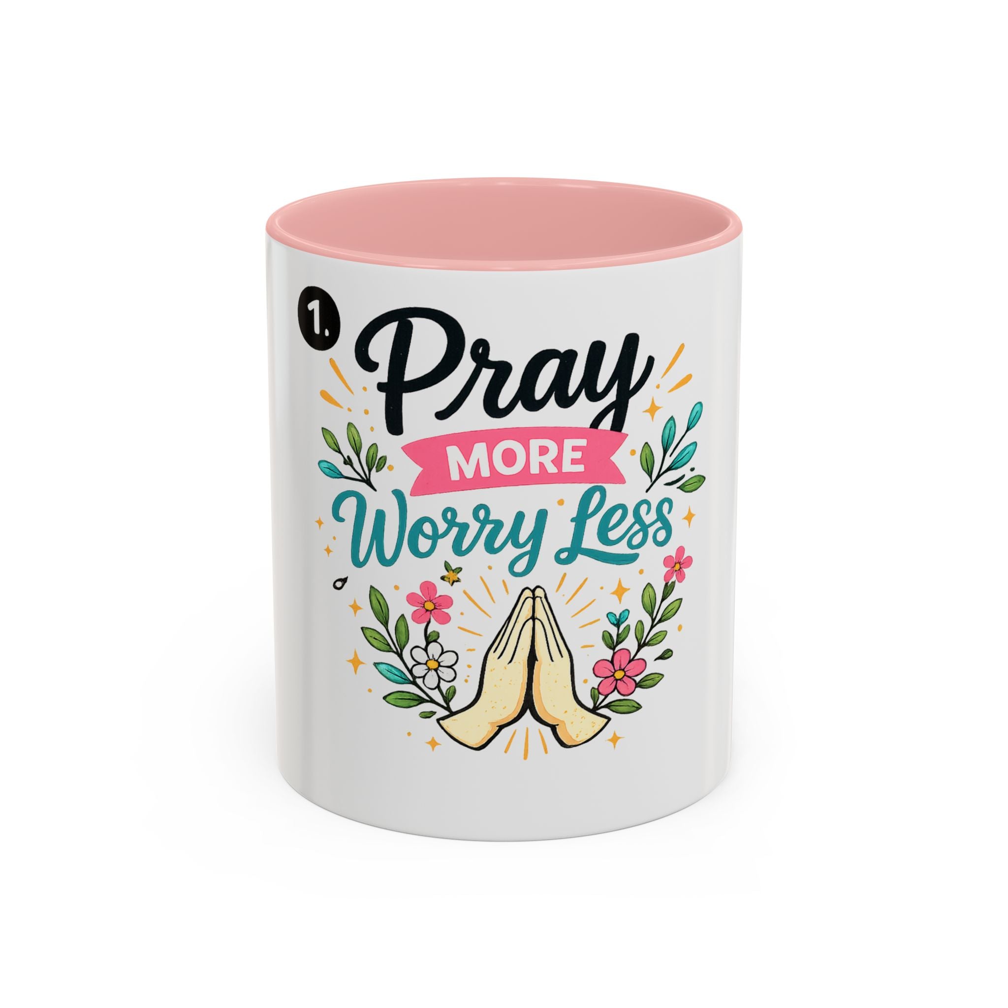 Pray More Worry Less Accent Coffee Mug — Inspirational Floral Prayer Gift (11/15oz)