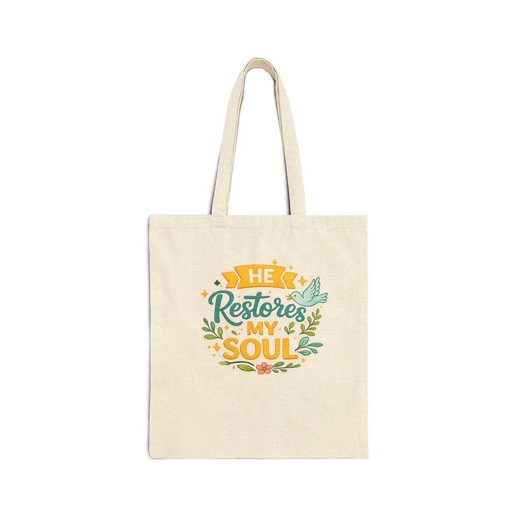 He Restores My Soul Canvas Tote Bag — Faith-Based Inspirational Grocery & Church Tote