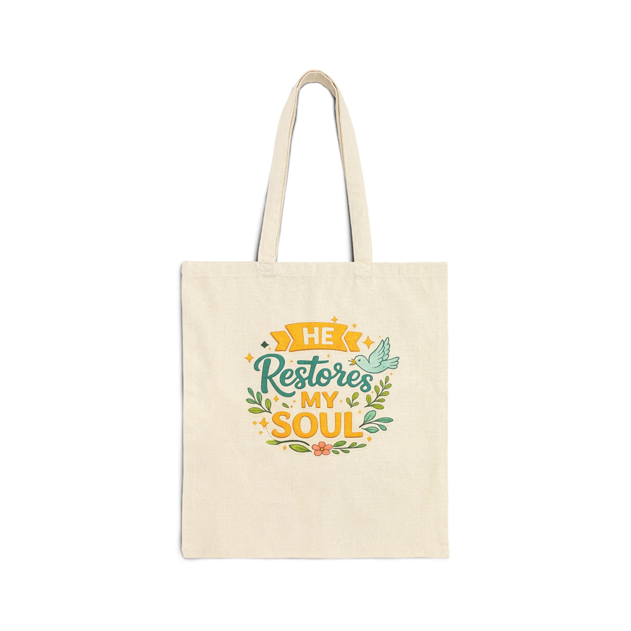 He Restores My Soul Canvas Tote Bag — Faith-Based Inspirational Grocery & Church Tote