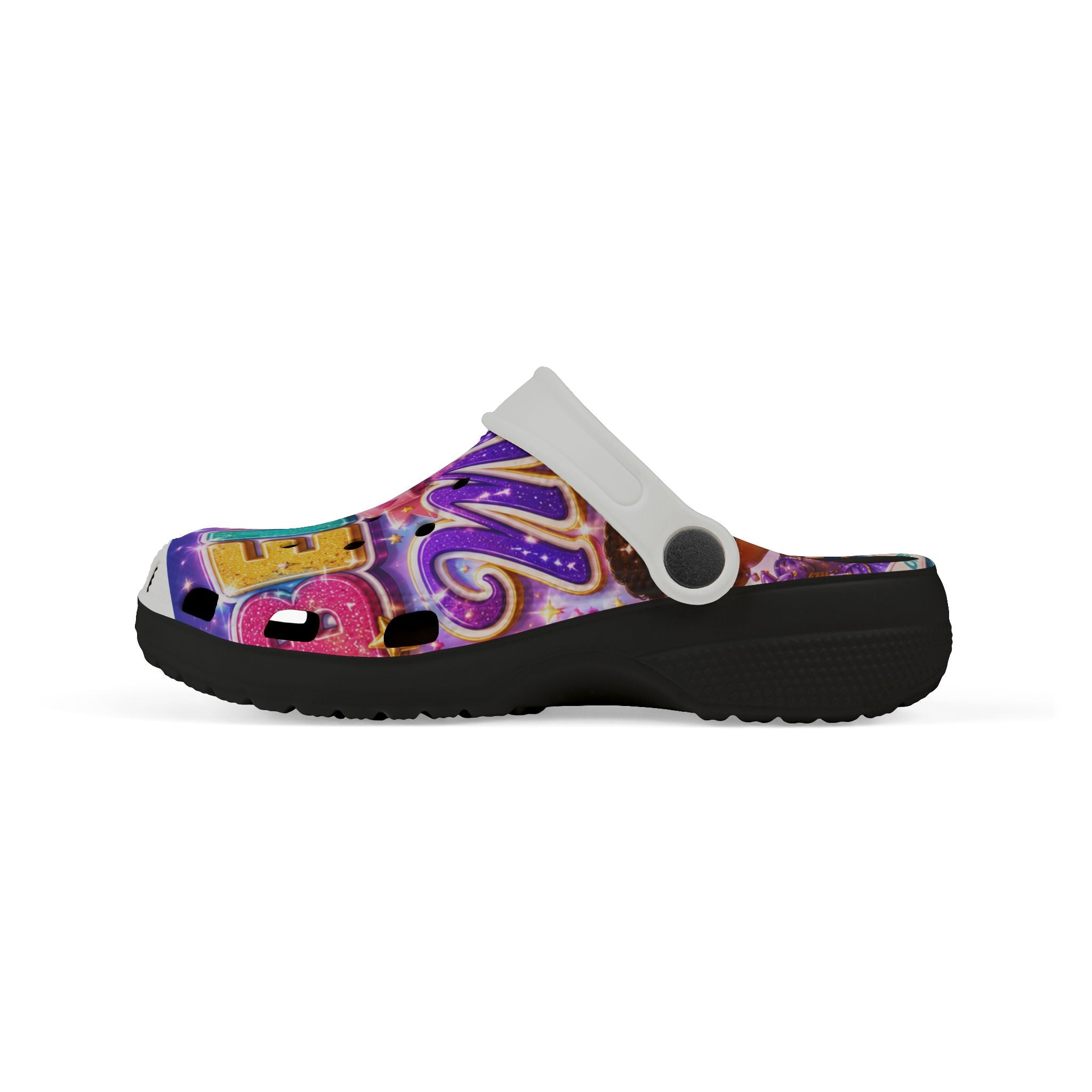 Kids Foam Clogs — "Believe in Magic" Colorful Glittery Cartoon Design