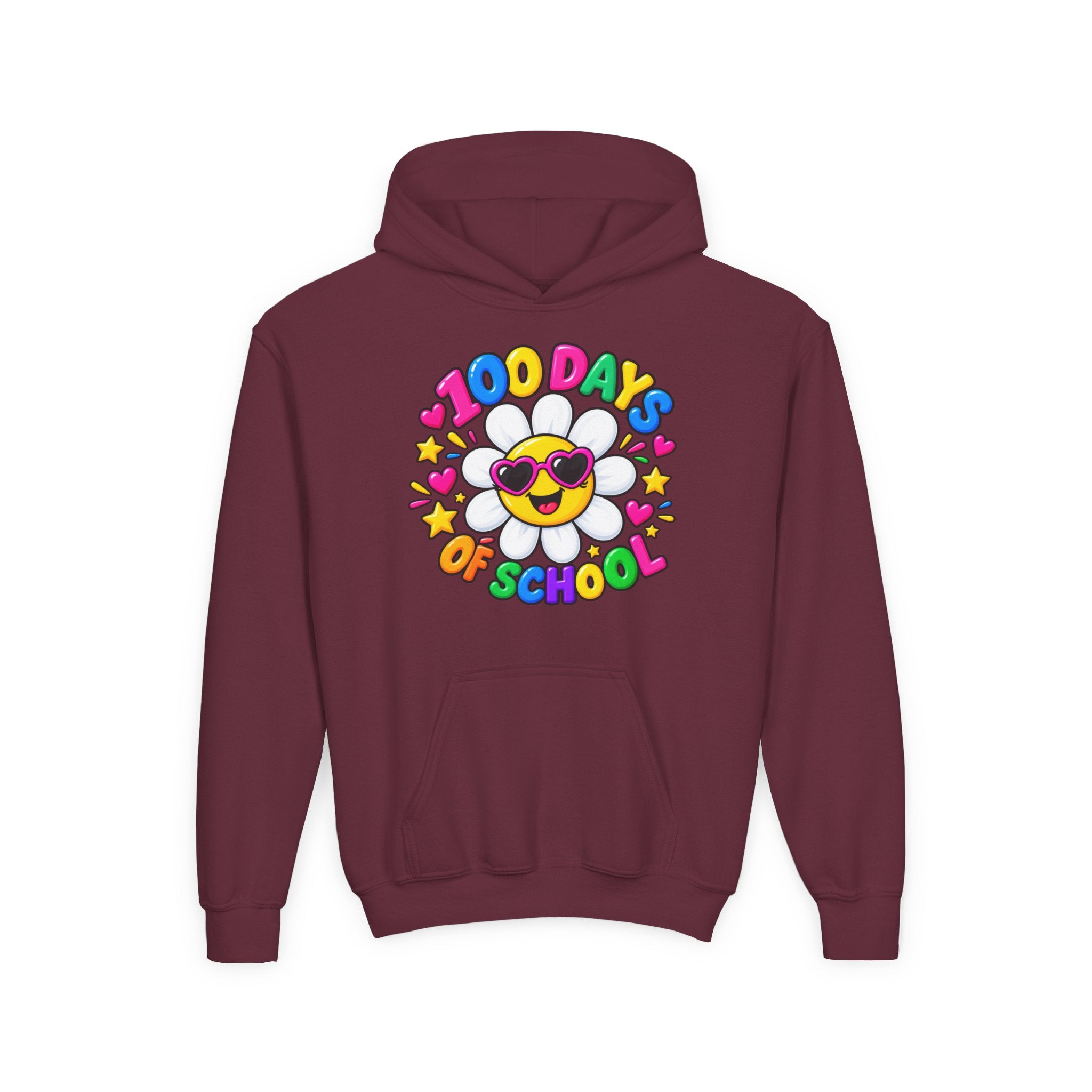 Youth Hoodie — “100 Days of School” Colorful Smiley Daisy Celebration