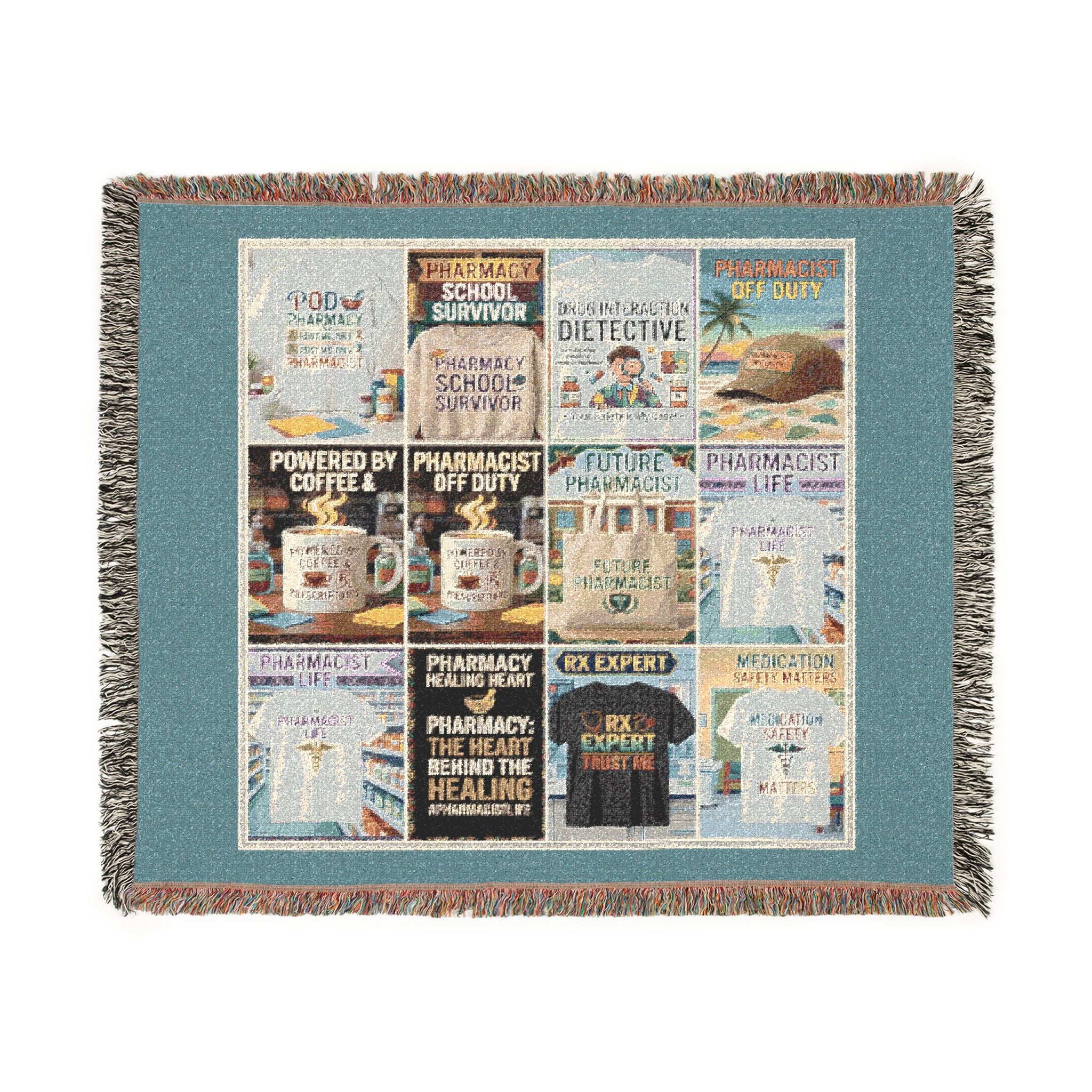 Vintage Travel Poster Woven Blanket — Retro Beach & City Collage Throw — A Great Gift for Pharmacists