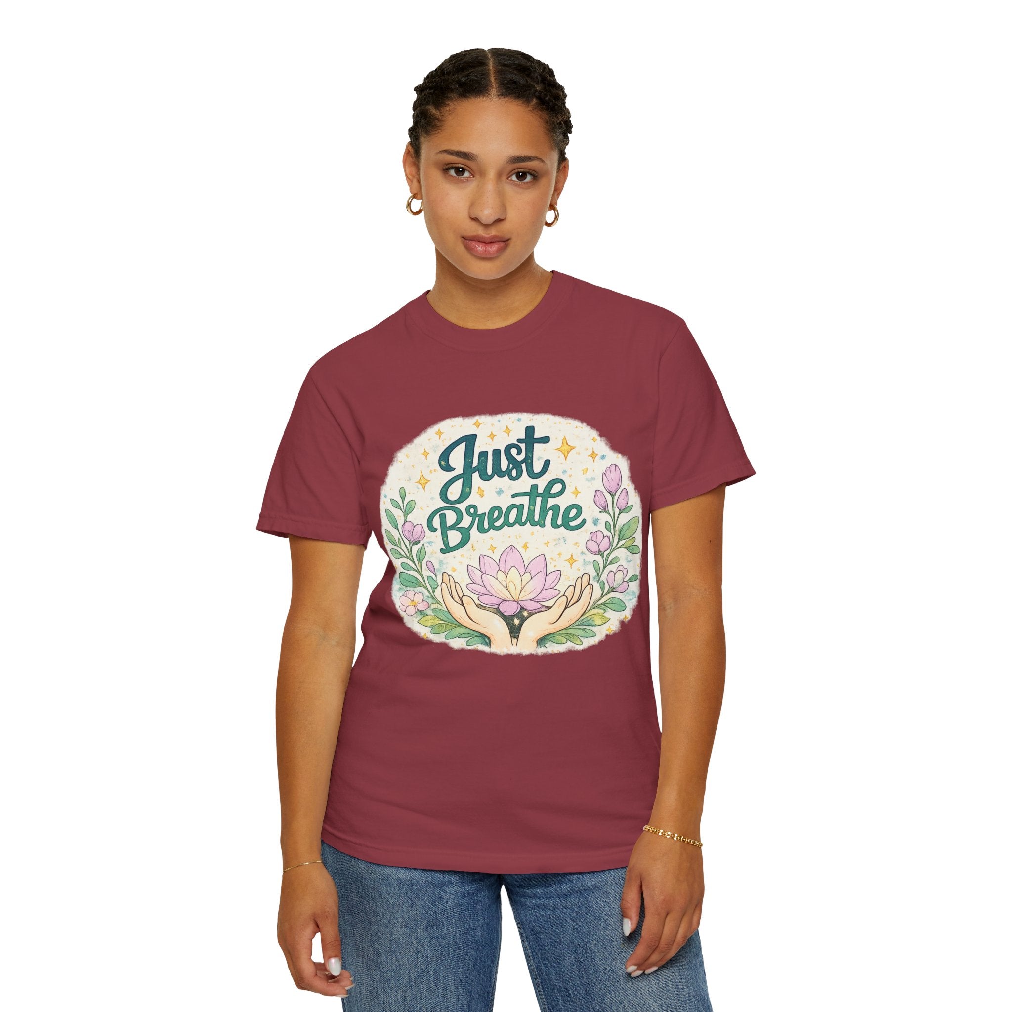 Just Breathe T-Shirt — Floral Lotus Mindfulness Tee
