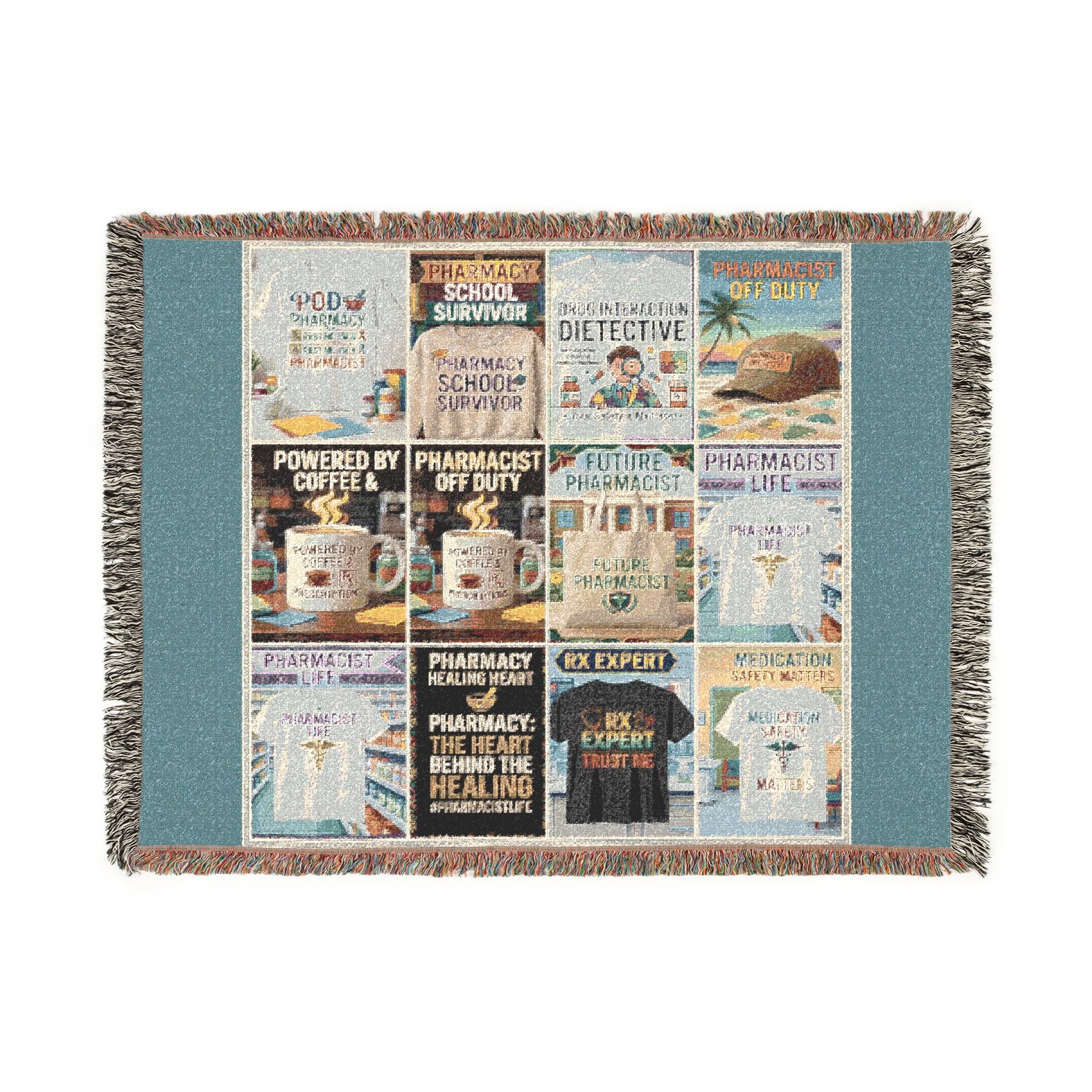 Vintage Travel Poster Woven Blanket — Retro Beach & City Collage Throw — A Great Gift for Pharmacists