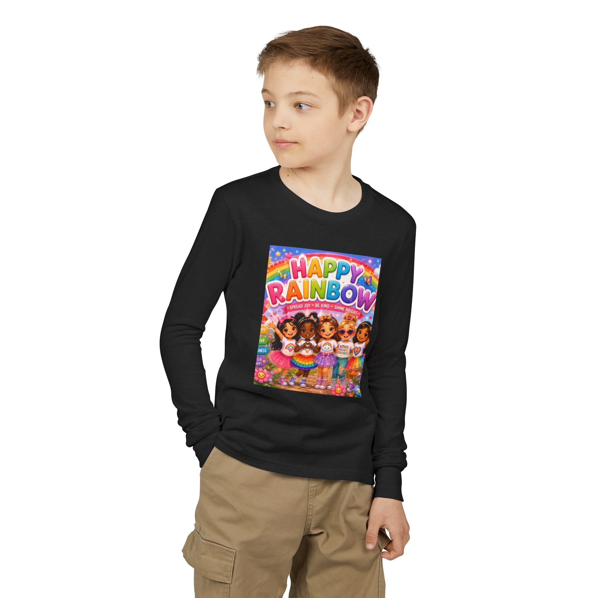Happy Rainbow Kids Long Sleeve Tee — Cute Multiracial Doll Graphic