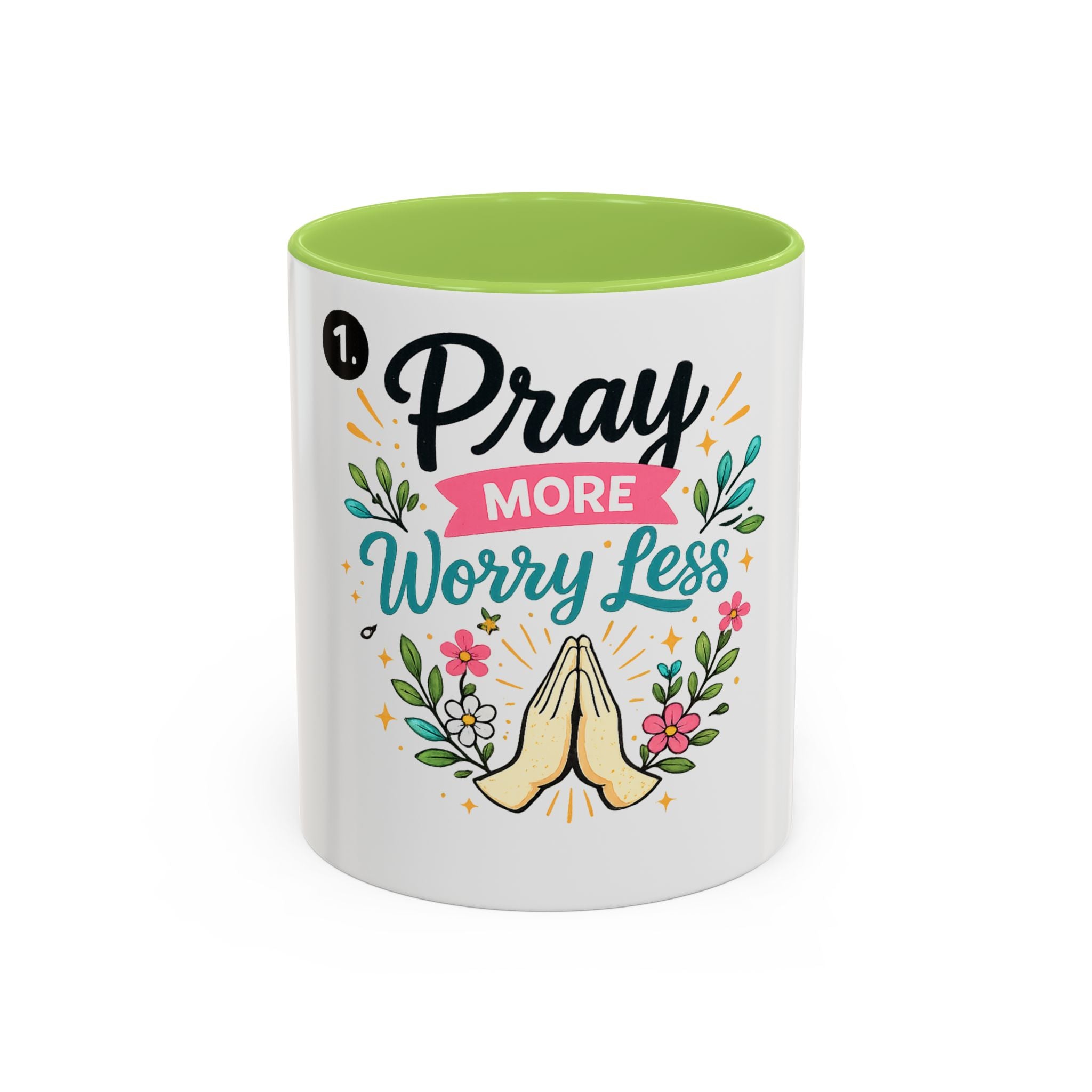 Pray More Worry Less Accent Coffee Mug — Inspirational Floral Prayer Gift (11/15oz)