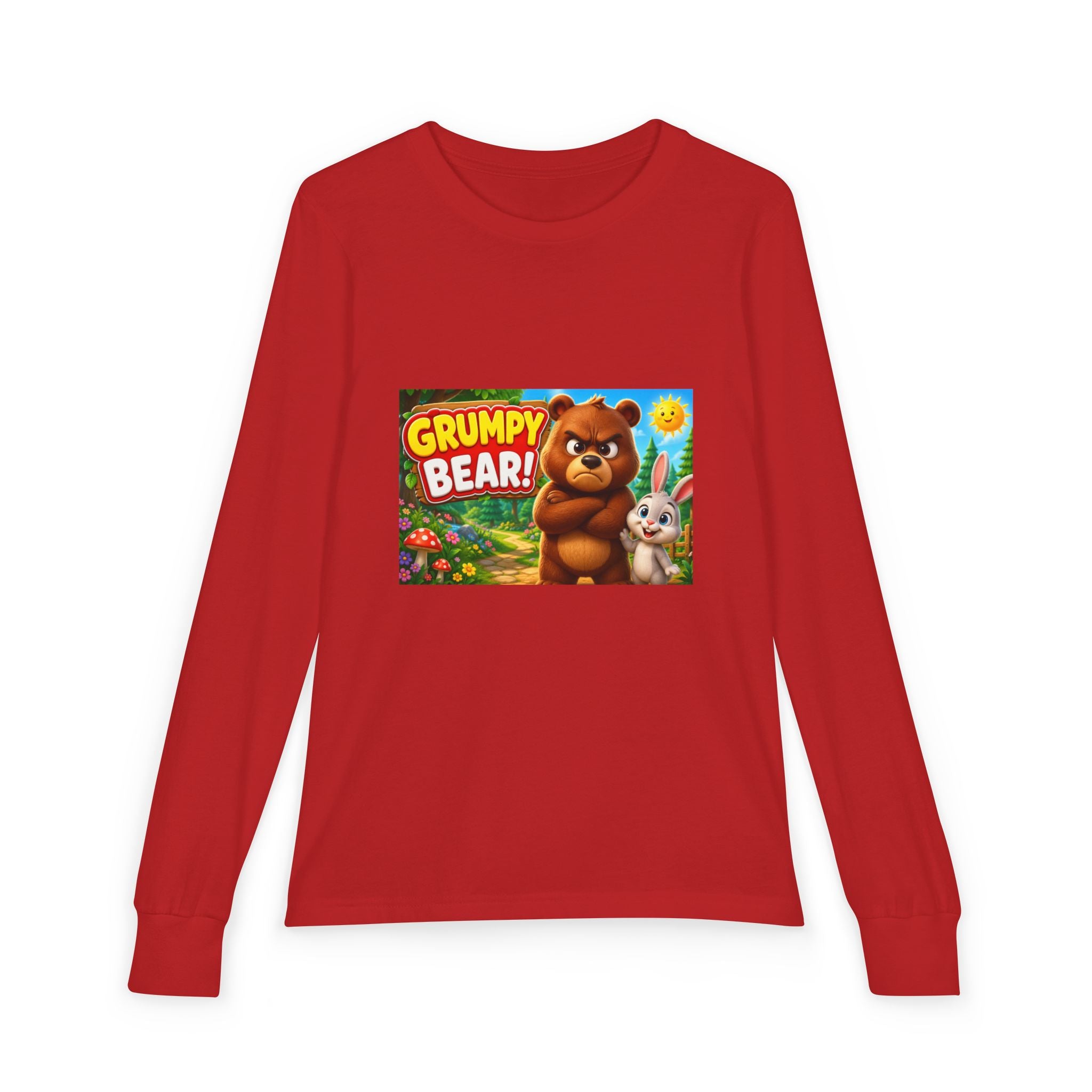 Grumpy Bear Kids Long Sleeve Tee — Cute Cartoon Bear & Bunny Graphic