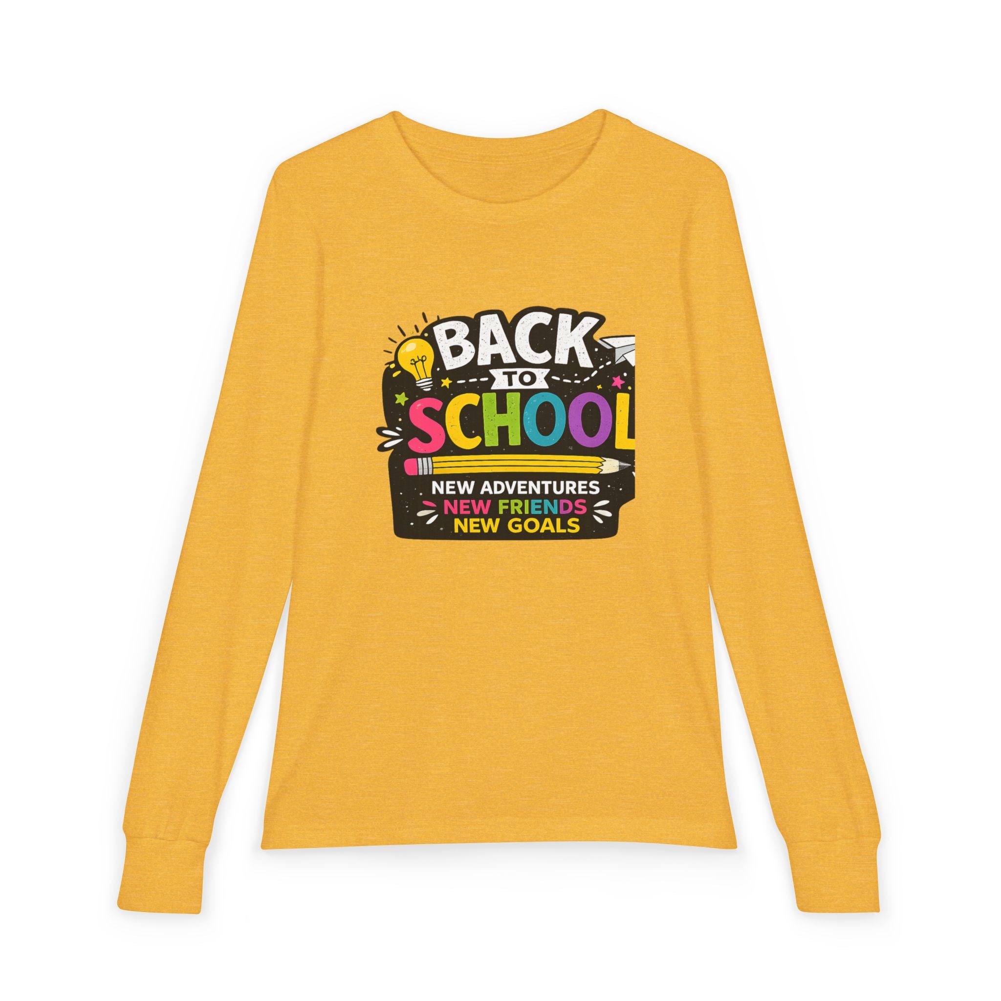 Back to School Youth Long Sleeve Tee — "New Adventures, New Friends, New Goals"