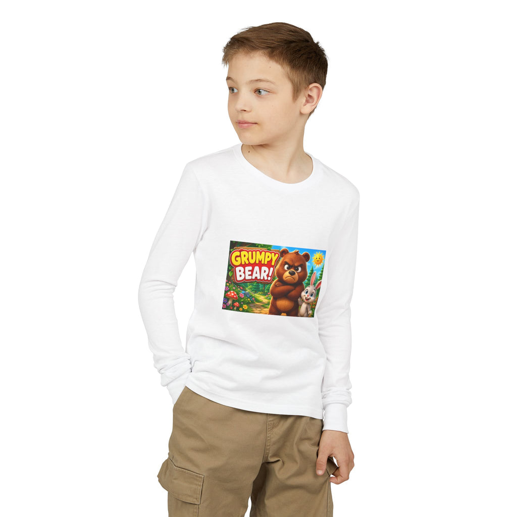 Grumpy Bear Kids Long Sleeve Tee — Cute Cartoon Bear & Bunny Graphic