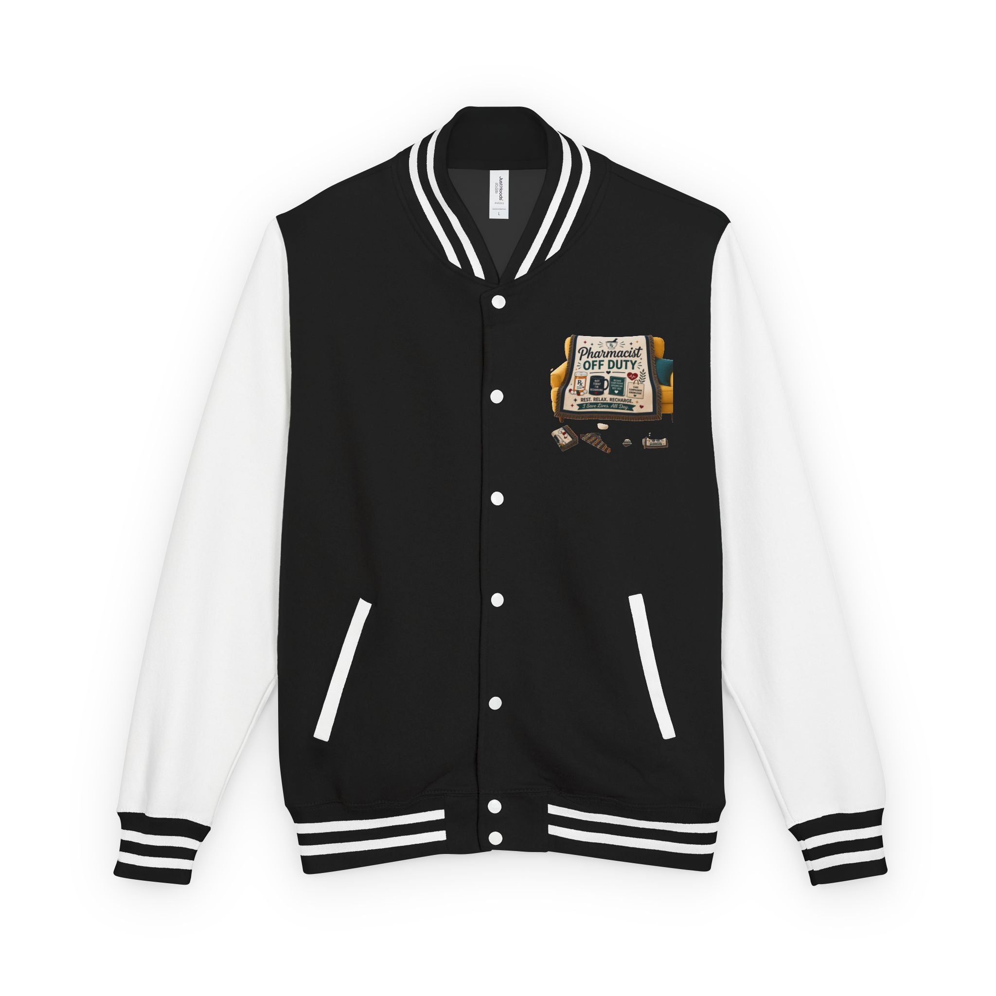 Letterman Jacket — 'Pharmacist Off Duty' Retro Patch Design