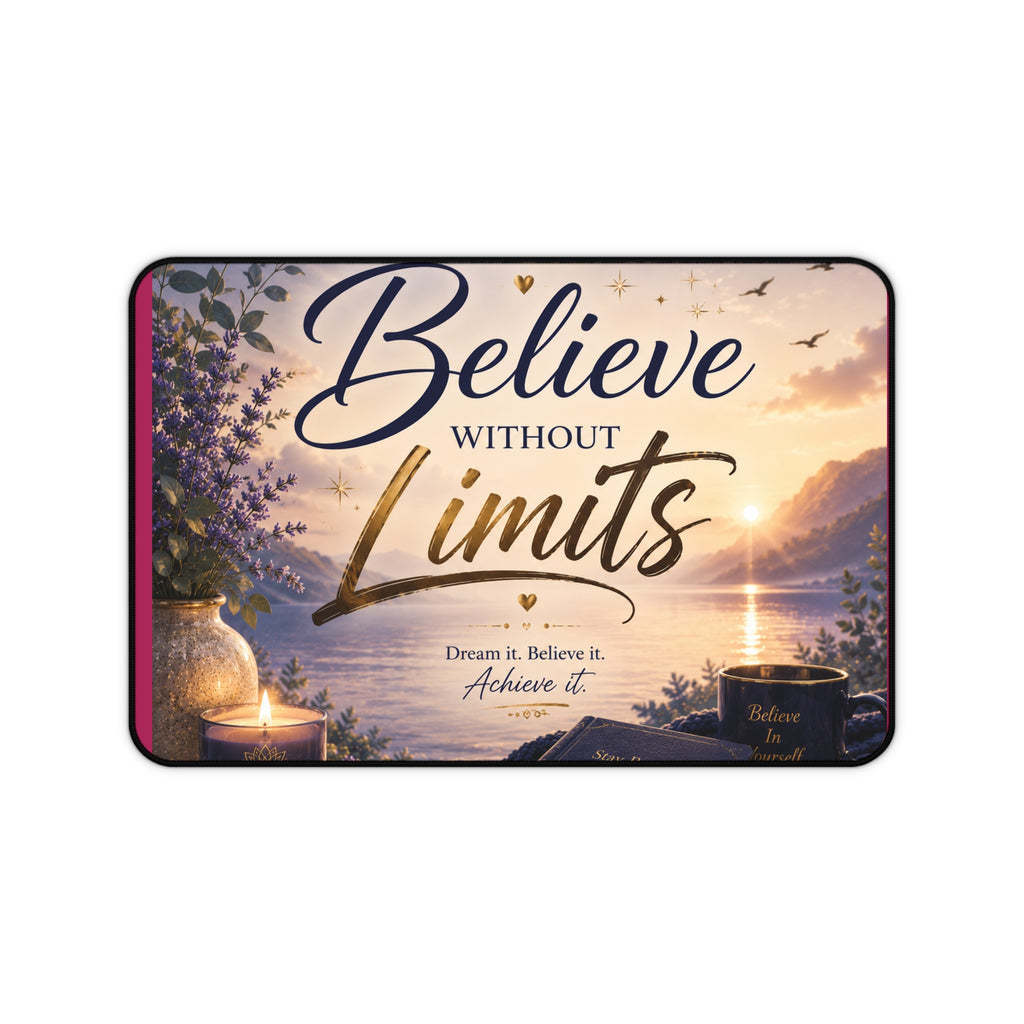 Believe Without Limits Desk Mat — Inspirational Office Mouse Pad with Scenic Sunrise Design