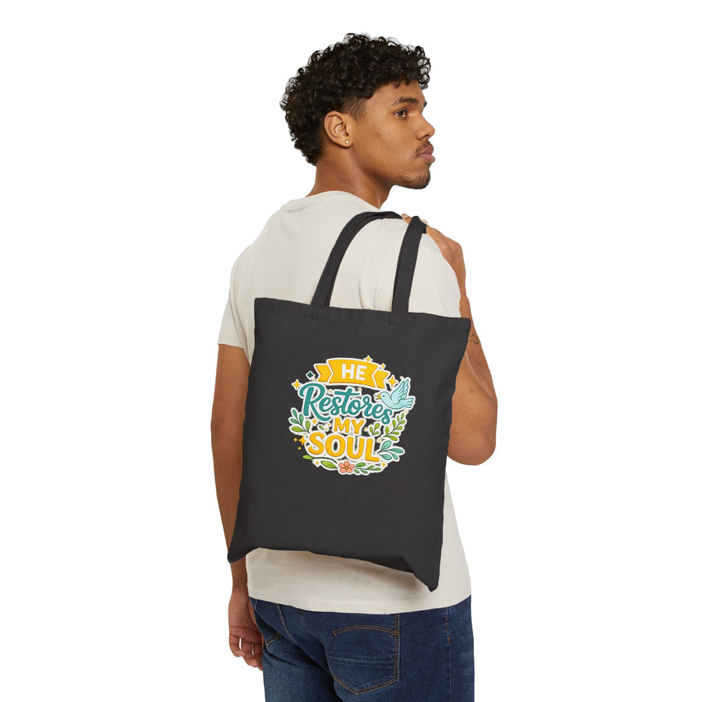 He Restores My Soul Canvas Tote Bag — Faith-Based Inspirational Grocery & Church Tote