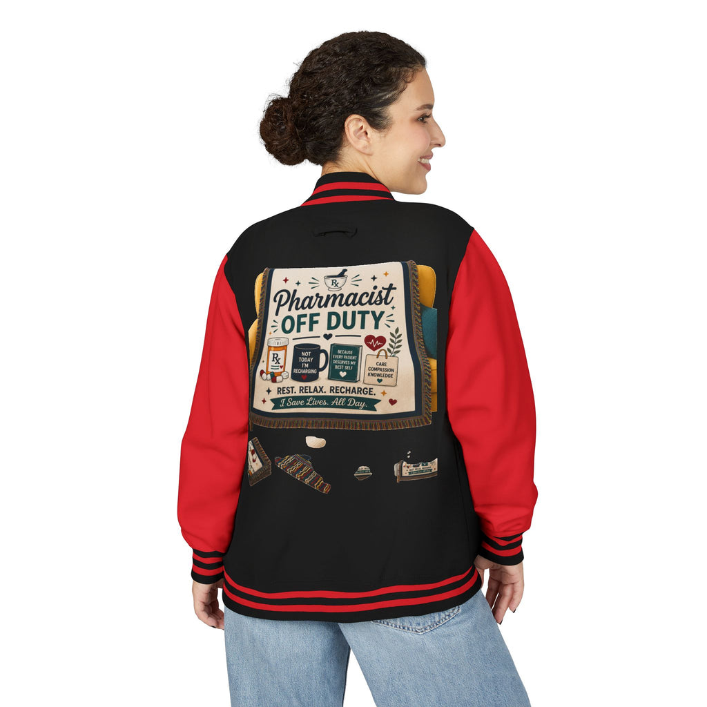 Letterman Jacket — 'Pharmacist Off Duty' Retro Patch Design