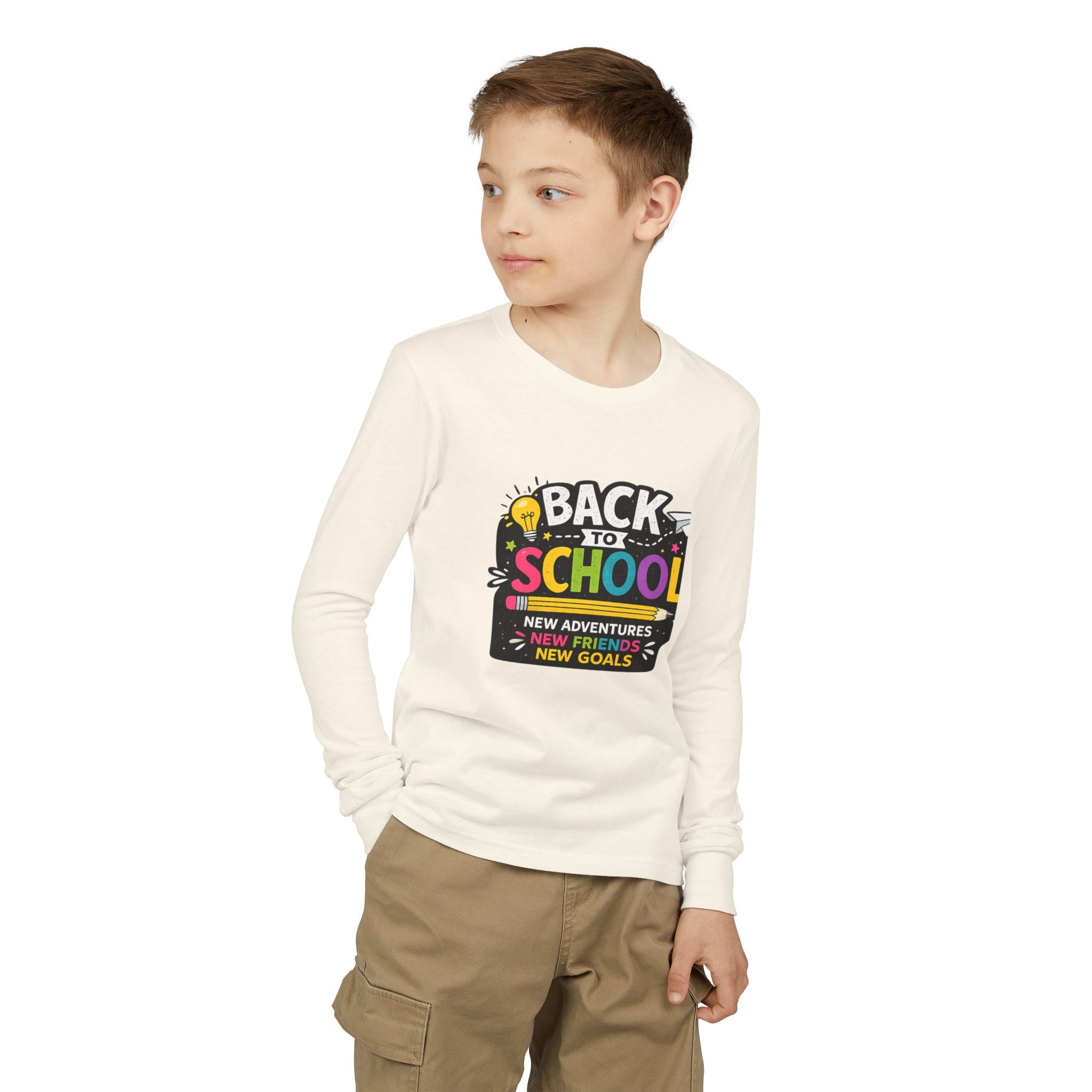 Back to School Youth Long Sleeve Tee — "New Adventures, New Friends, New Goals"
