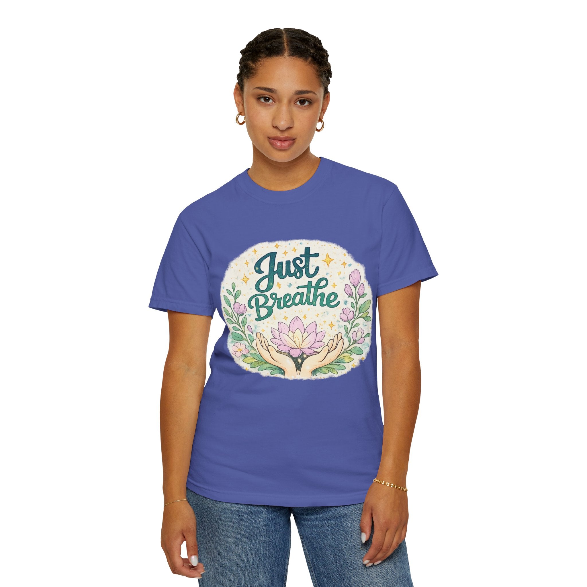 Just Breathe T-Shirt — Floral Lotus Mindfulness Tee